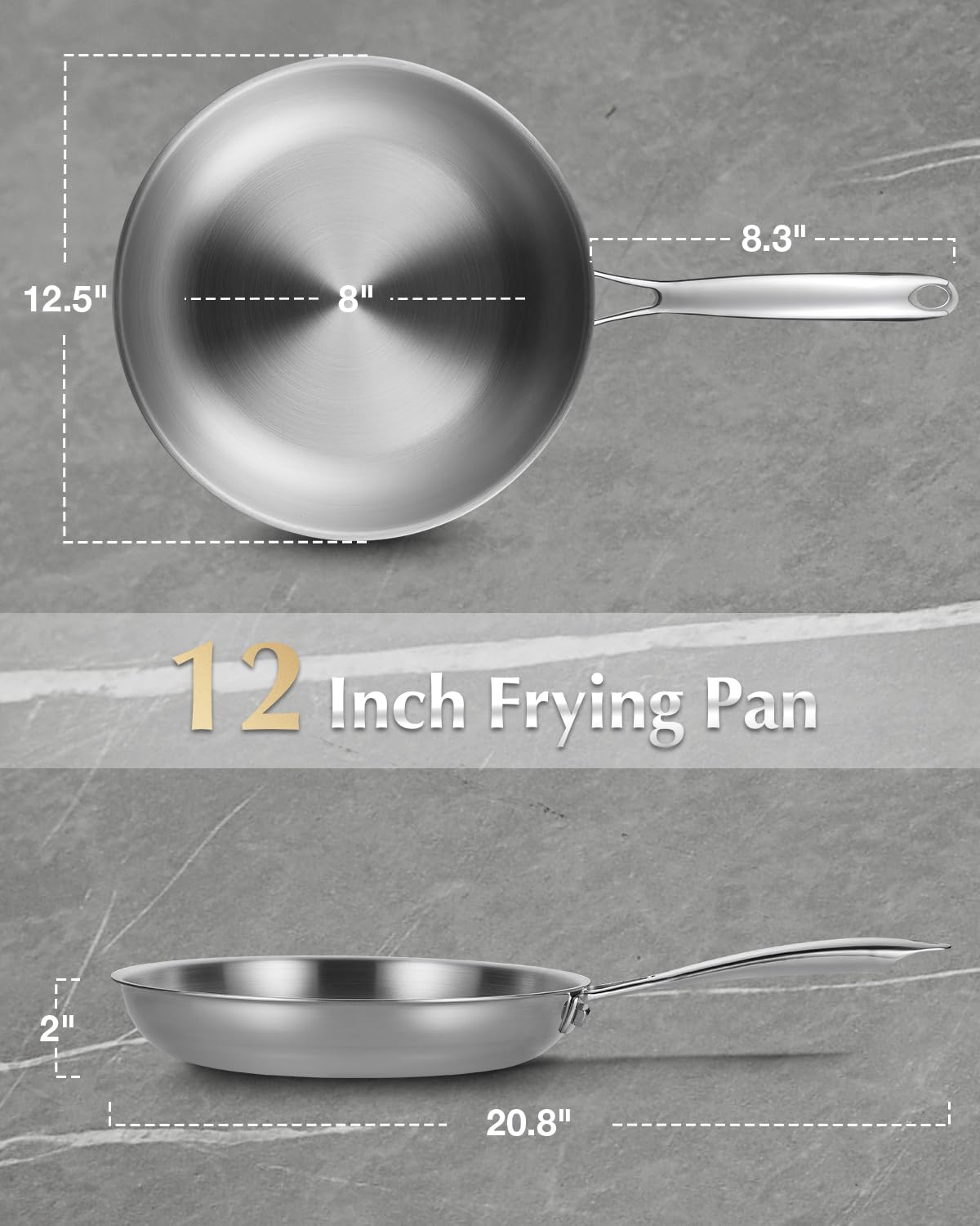 KOCH SYSTEME CS Tri-Ply Clad Stainless Steel Pan, Premium 18/10 Stainless Steel Frying Pan, Professional Induction Skillet, Dishwasher & Oven Safe, Non-Toxic (30cm/12in)