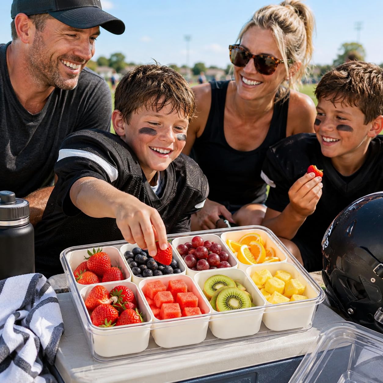 2 Pack Snackle Box with 8 Removable Compartments and Foldable Round Handle, Refrigerator-Safe Snack Organizer for Kids Sports, Fruit, Candy, Picnics, Road Trips, Baseball Games, Parties