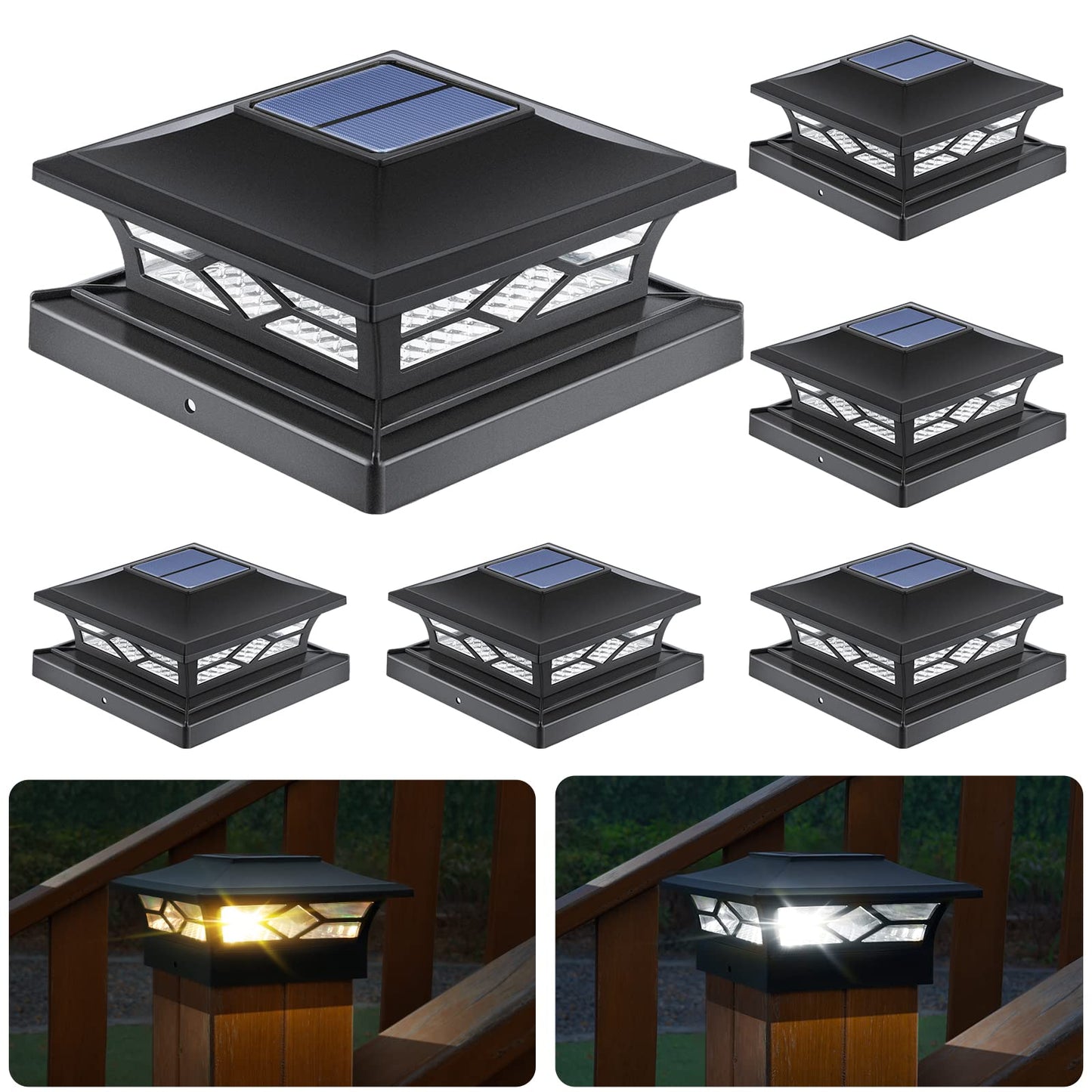 APONUO Solar Post Cap Lights Outdoor, Solar Post Lights 2 Lighting Modes Outdoor LED Light, Solar Fence Post Lights for Fence Deck Caps 4x4 6x6 Wood, 4x4 5x5 Vinyl, Black 6 Pack