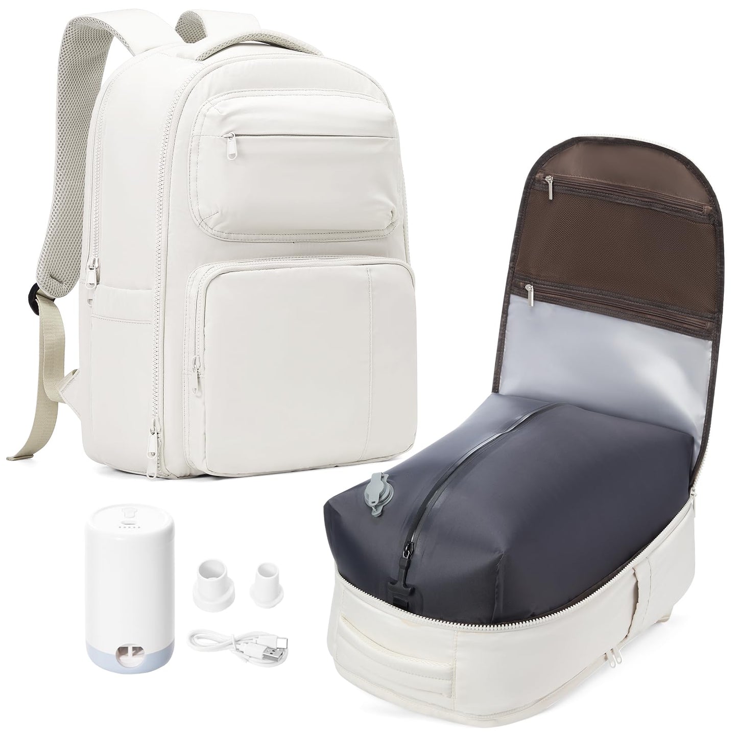 UPPACK Vacuum Backpack Travel with Pump Carry on Backpack Flight Approved Personal Item Travel Bag Airplane Compression Backpack for Travel with Vacuum System Beige