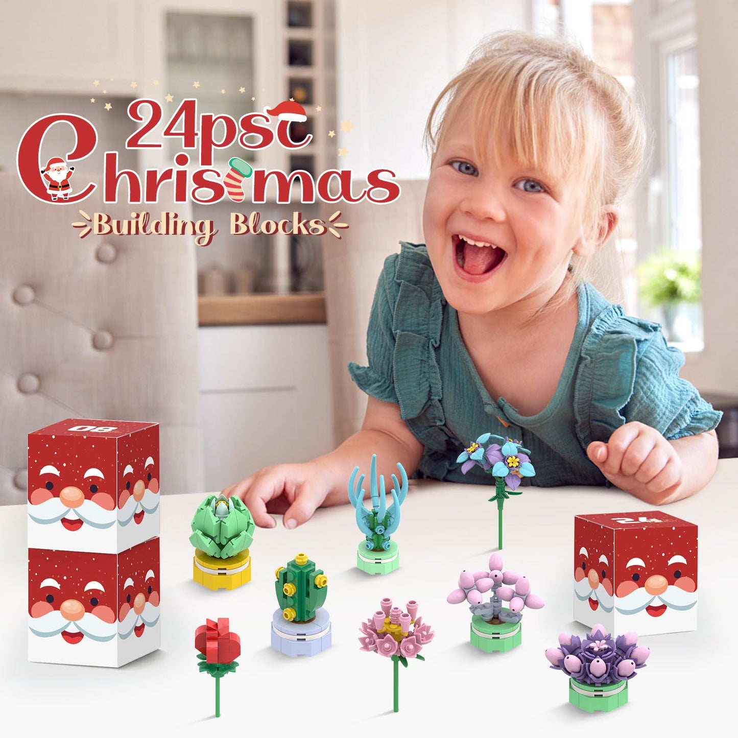 Advent Calendar Girls, 24 Pack Succulent & Bouquet Building Blocks for Kids, Christmas Countdown Calendar, Ideal Gift for 3 4 5-7 8-12 Boys and Girls