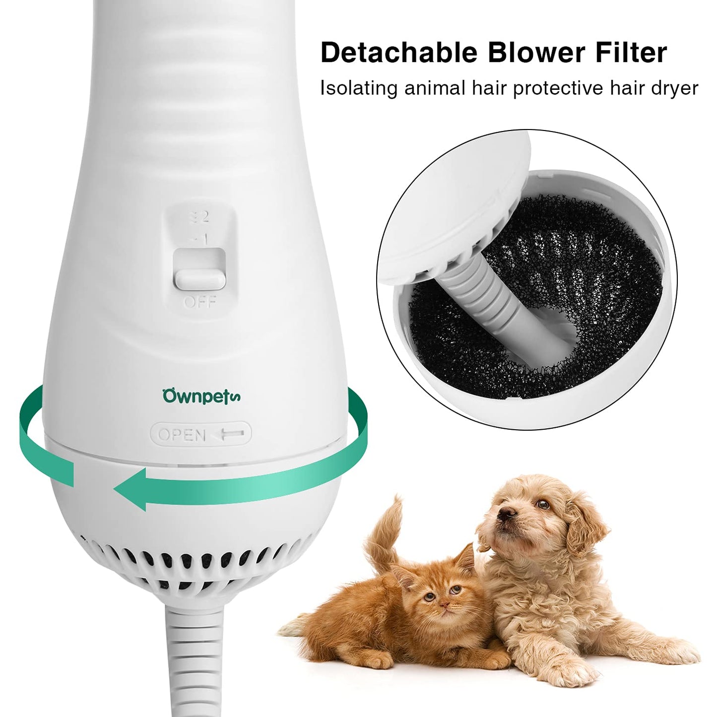 Ownpets Pet Hair Dryer, 2 in 1 Portable Home Pet Grooming Hair Dryer, Adjustable Temperature Settings & Low Noise, Pet Care for Medium Small Large Dogs Cats,with Slicker Brush and Fur Remover