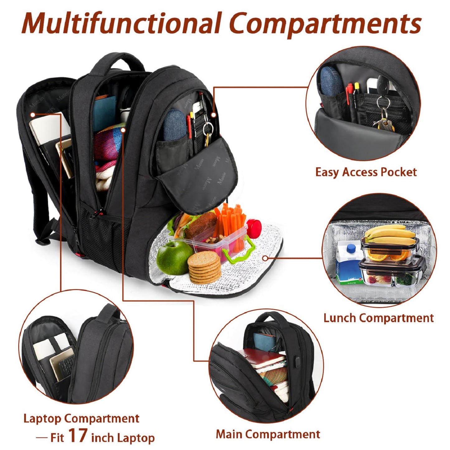 MATEIN Lunch Backpack for Men, 17 Inch Insulated Cooler Backpack Lunch Box Backpack with USB Charging Port, Water Resistant Computer Daypack College Laptop Backpack for Travel Picnic Work, Black