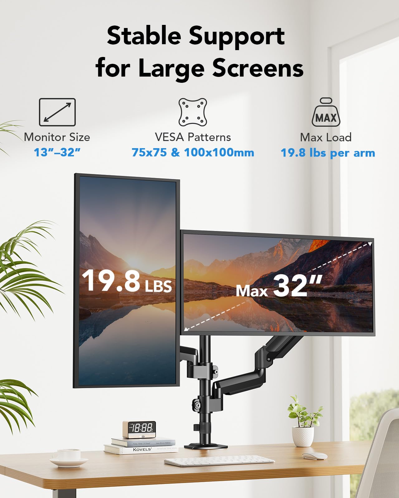 HUANUO Dual Arm Monitor Stand for 32-inch Screens | Max Height 20.87" | 19.8lbs Capacity | Tilt, Swivel, Rotation Adjustable | VESA 75/100mm