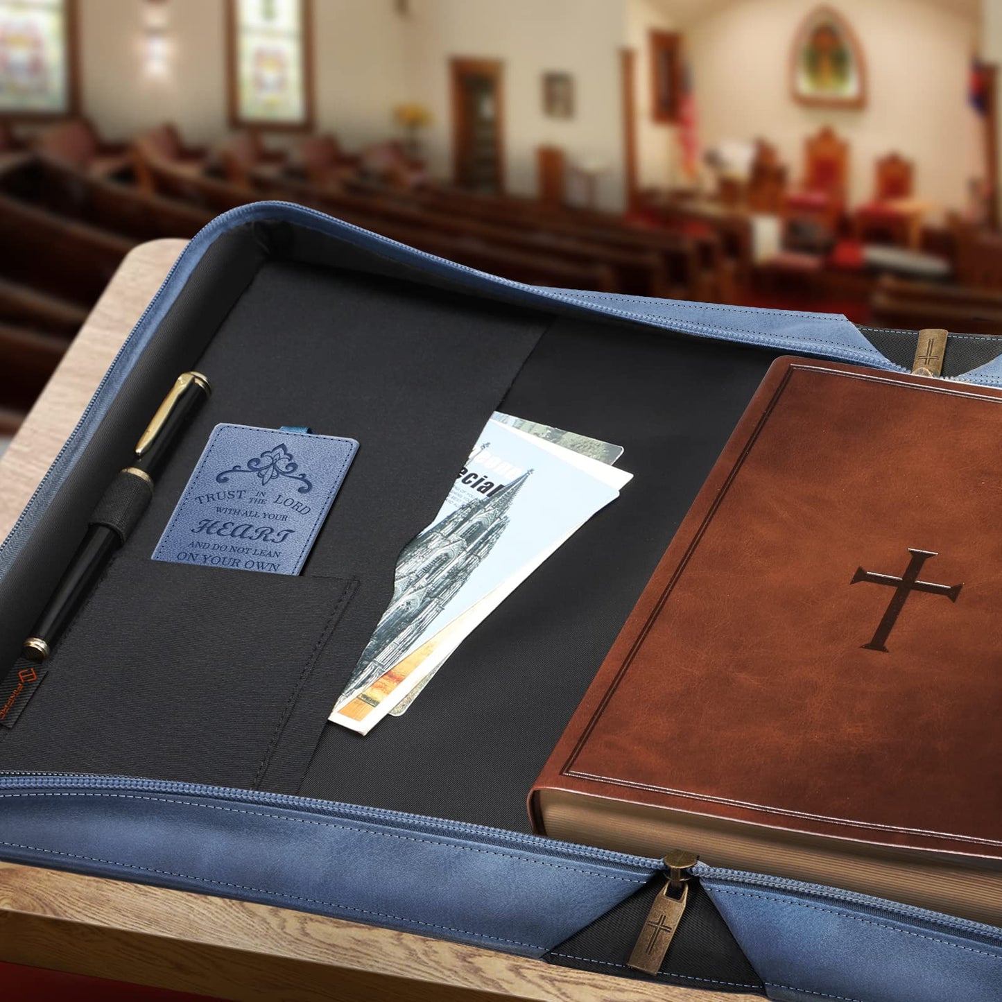 FINPAC Large Classic Bible Cover, Vegan Leather Carrying Book Case Church Bag Bible Protective with Handle, Gift for Men, Women, Blue, Medium
