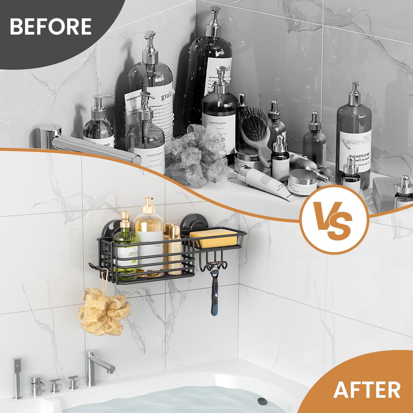 LEVERLOC Shower Caddy Suction Cup, Shower Shelf with Hooks and Soap Holder, NO-Drilling Bathroom Organizer, Rustproof Metal Bathroom Storage and Organization - Black