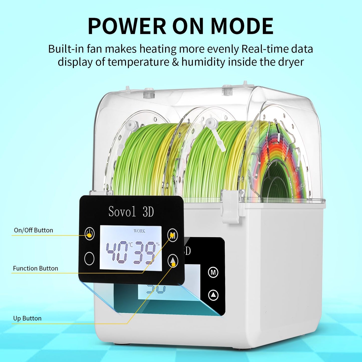 Sovol Filament Dryer 2025, SH01 Filament Dehydrator 3D Printer Spool Holder with Upgraded Fan, Dry Box for Keeping Filament Dry, Compatible with 1.75mm, 2.85mm PLA PETG TPU ABS