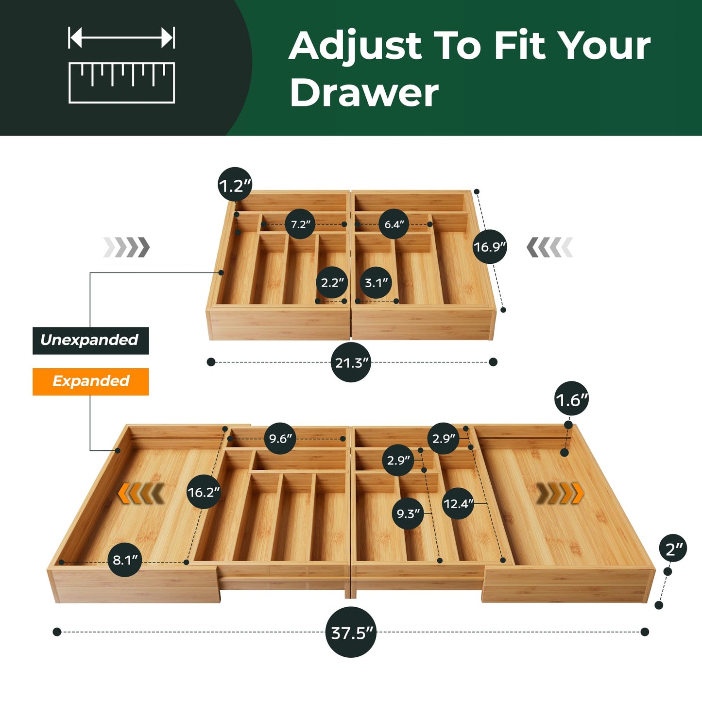 Large Silverware Organizer, 13 Slots Magnetic Connected Expandable Bamboo Utensil Drawer Organizer From 21 to 37.4 Inches, Adjustable Flatware and Cutlery Holder, Utensil Tray for Kitchen Natural
