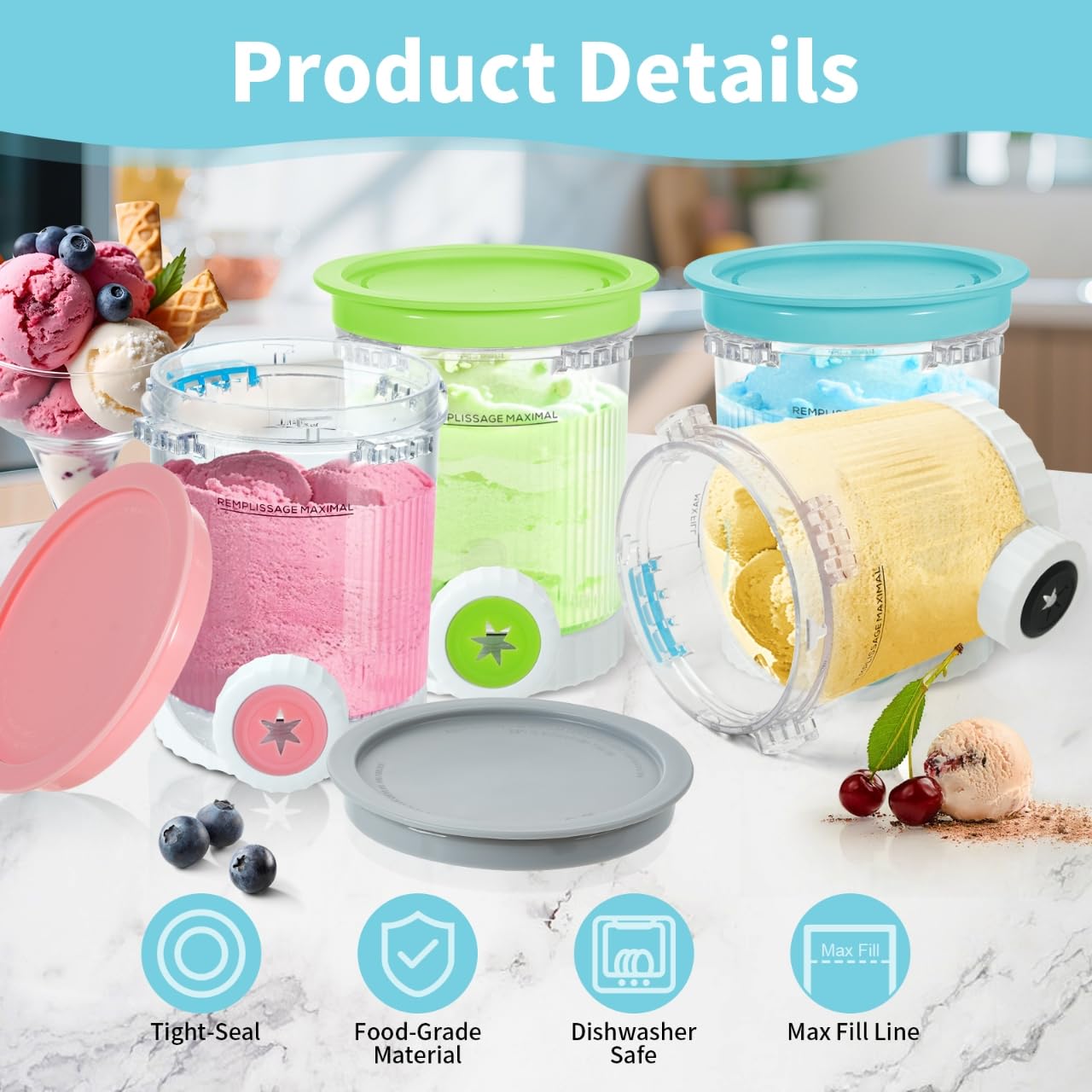 4 Pack Pint Containers Replacement for Ninja Swirl by Creami Pints and Lids, Compatible with Ninja Creami Swirl Ice Cream & Soft Serve Makers NC700 NC701 Series (Color Lids)