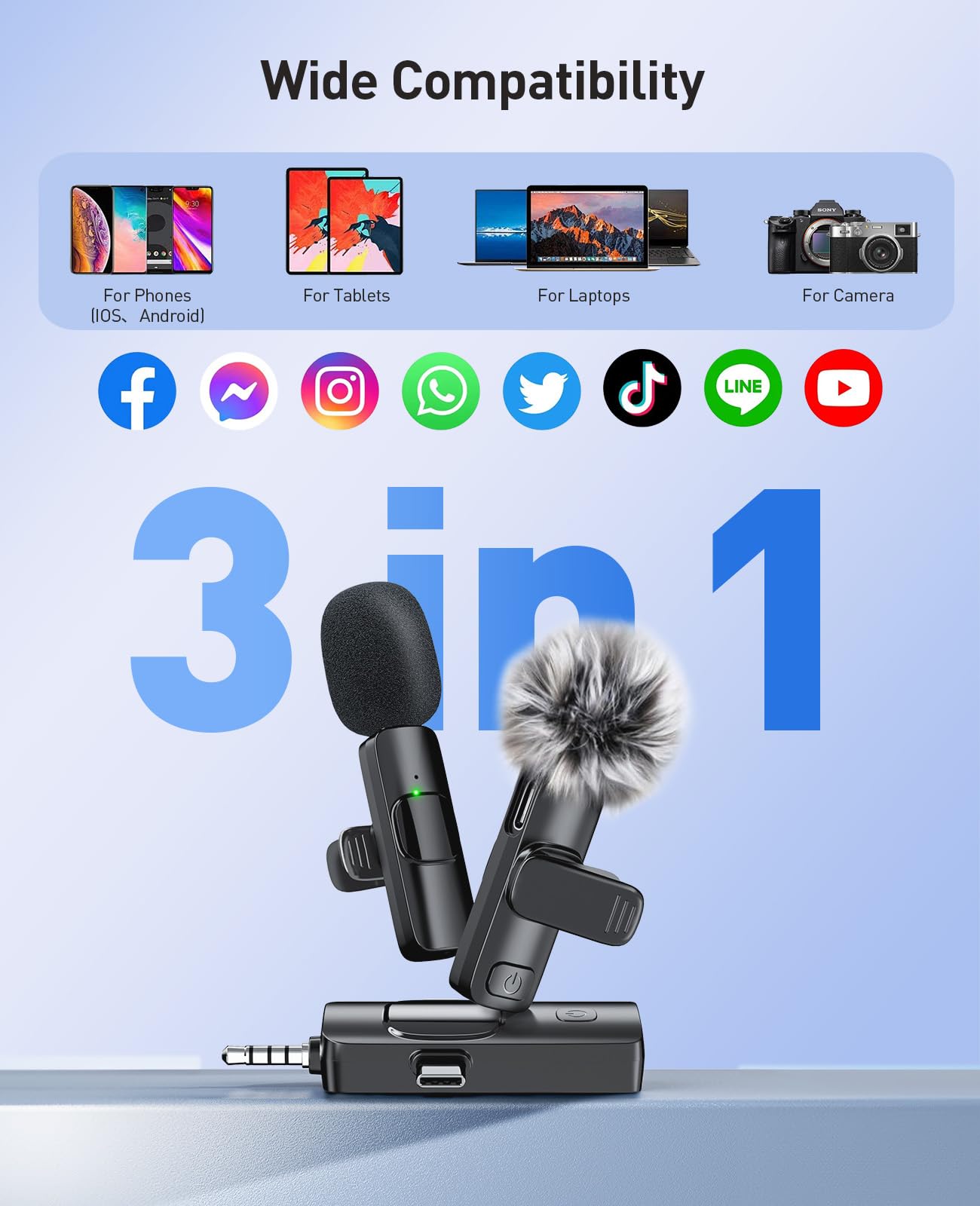 MENERESAS 3-in-1 Mini Microphone for iPhone: Wireless Lavalier Microphones for iOS/Android Devices/Camera - Noise Reduction Lapel Mic - Clip on Mic for Video Recording, Multifunctional