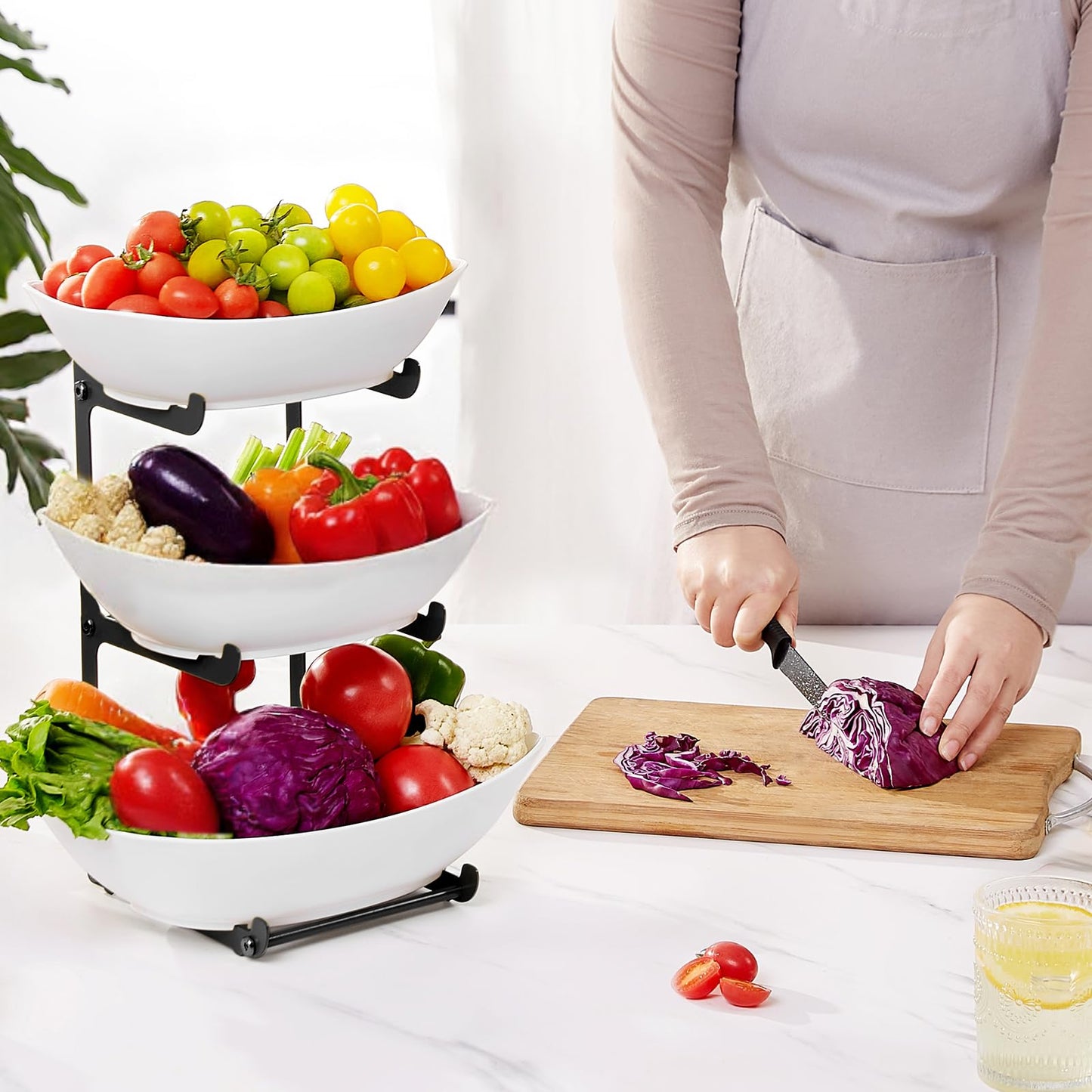 Lifewit Plastic Fruit Bowl Basket for Kitchen Countertop, 3 Tier Fruit Holder with Black Metal Stand, Serving Tray for Food, Vegetable, Cake, Dessert in Party