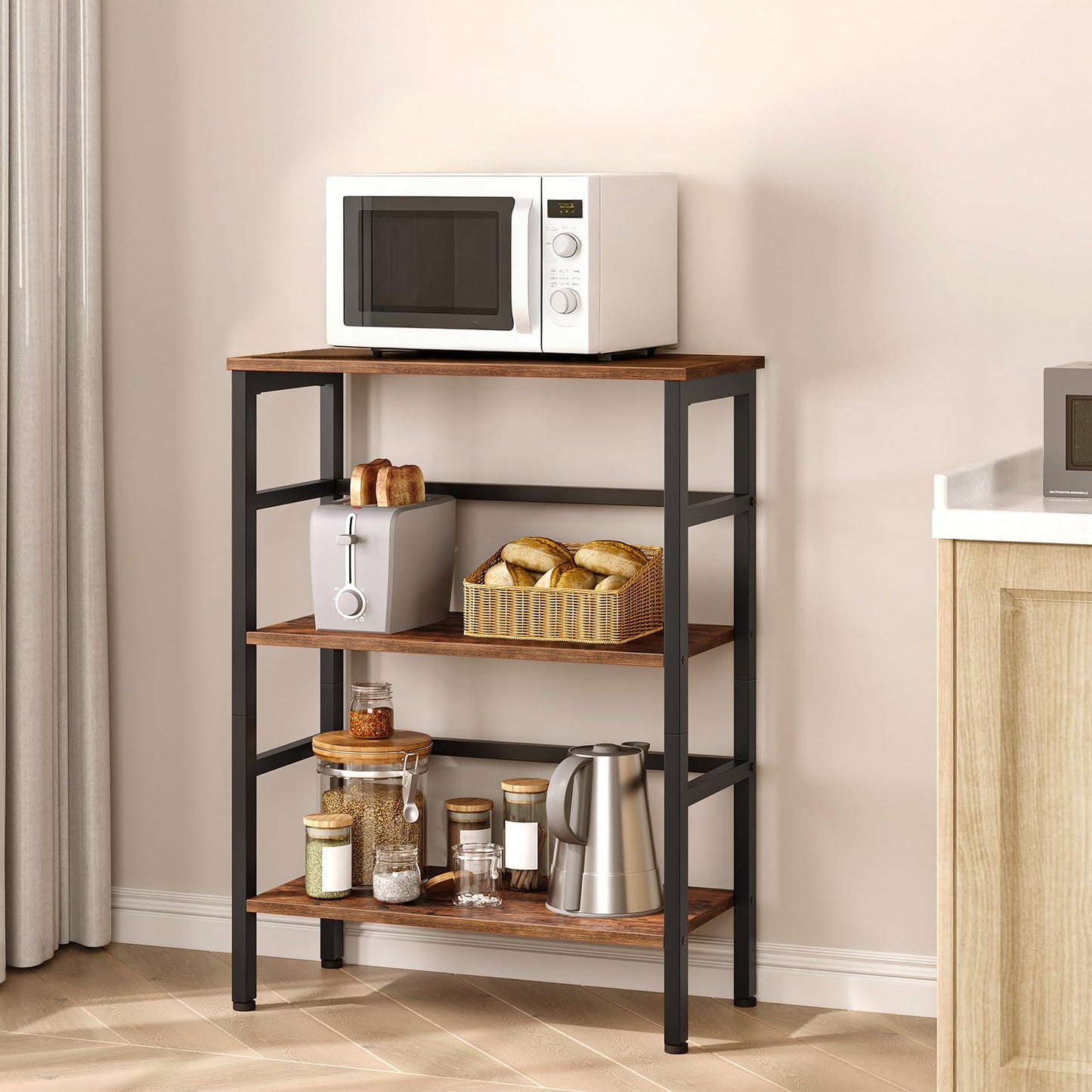HOOBRO 3 Tier Bookshelf, 60 cm Industrial Bookcase, Record Storage Rack with Side Fence, Storage Shelf with Metal Frame, Rustic Open Display Shelf for Living Room, Bedroom, Rustic Brown BF86CJ01G1
