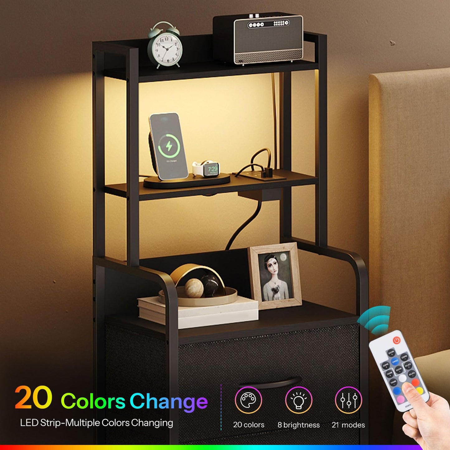 HOOBRO Tall Nightstand with Charging Station and LED Lights, Multifunctional Bedside Table with 3 Drawers and Open Shelves, USB-A, Type-C, 2 AC Outlets, Modern End Table for Bedroom, Black BB206UDBZ01