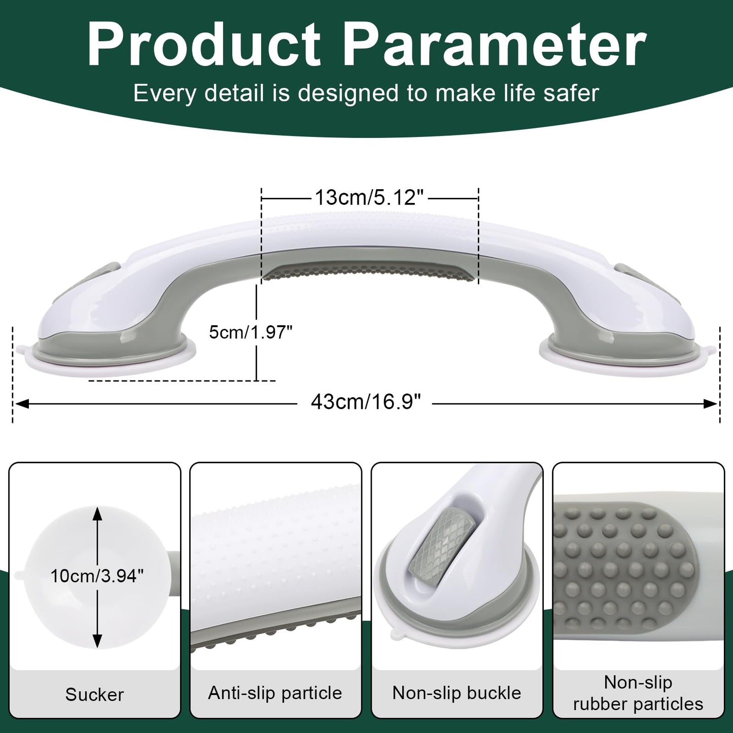 sunzone 2 Pack Suction Grab Bars, Grab Bar for Elderly,Heavy Duty Shower Handle,Bathroom Grab Bars for Seniors,Removable Shower Handrails