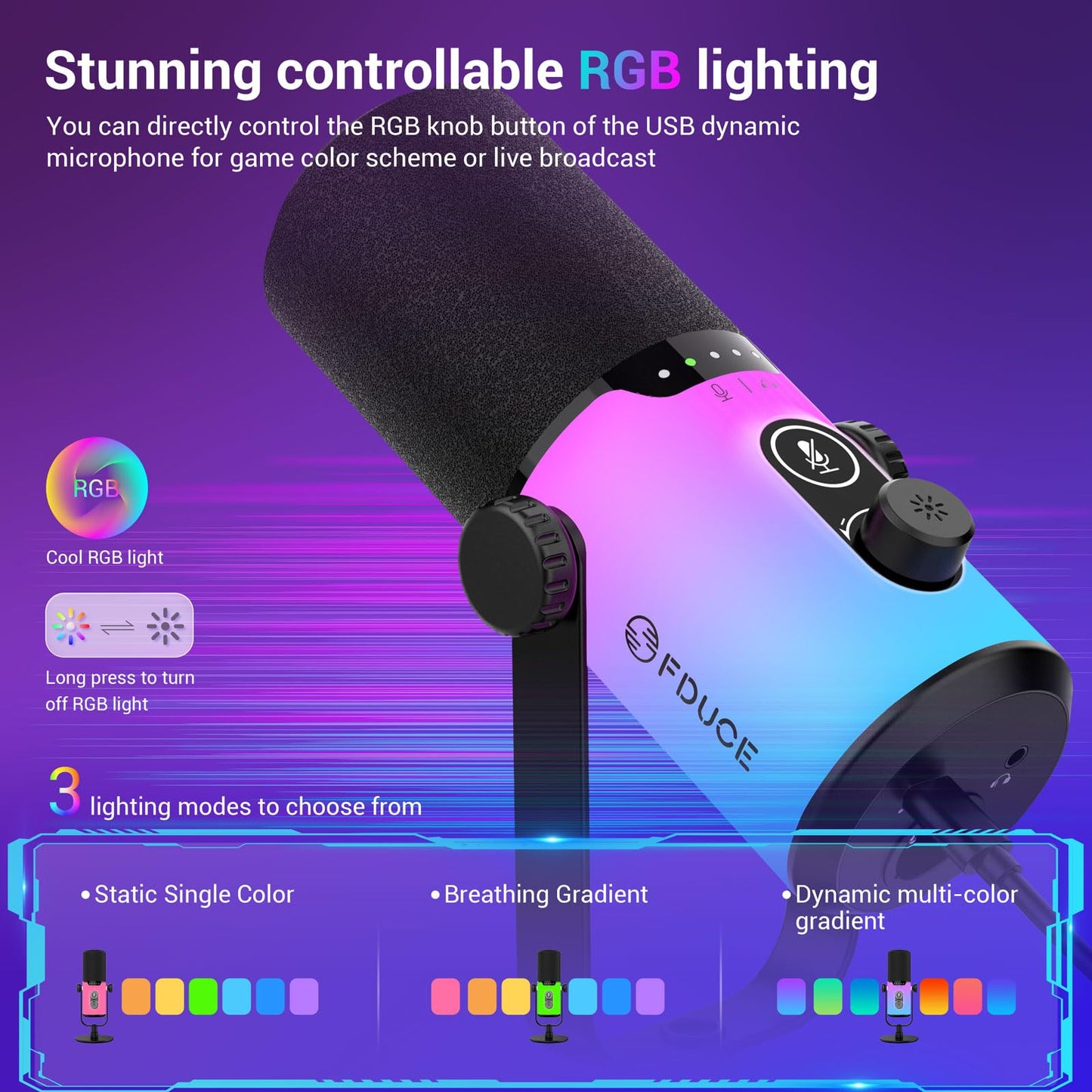 FDUCE USB/XLR Gaming Dynamic Microphone for Podcast Recording, PC Computer Gaming Streaming Vocal Mic with RGB Light, Mute Button, Gain Knob, Headphones Jack, with Boom Arm (D20+)