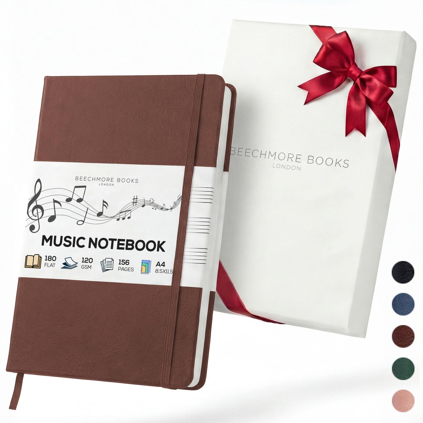 Beechmore Books Blank Sheet Music Notebook – A4 8.5"x11.5" for Songwriters, Musicians & Composers, 156 Thick 120gsm Pages, 10-Staff Perforated Sheets, Vegan Leather Hardcover, Elastic Closure, Gift Box
