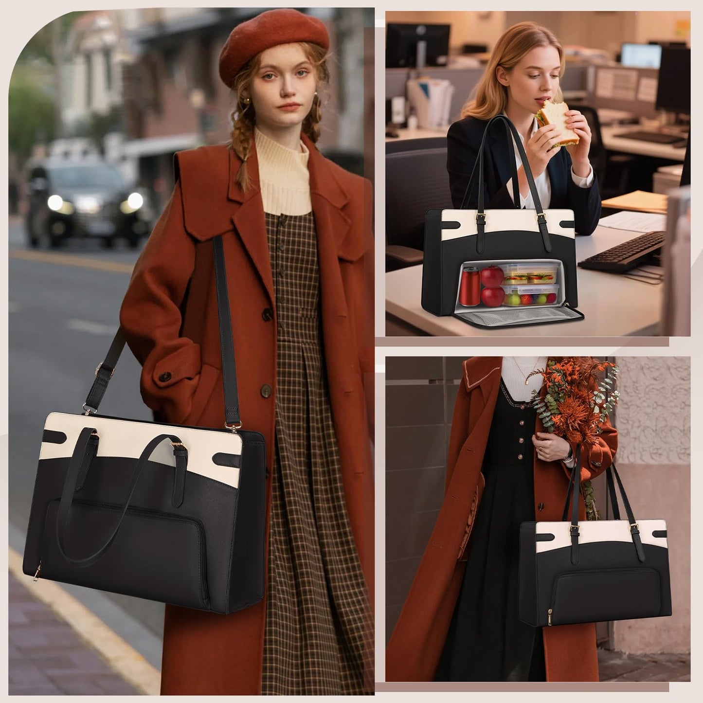 RAINSMORE Laptop Bags for Women with Lunch Compartment,Large Work Bag Women 15.6 inch Laptop Tote Bags for Women PU Leather Laptop Purse,Black