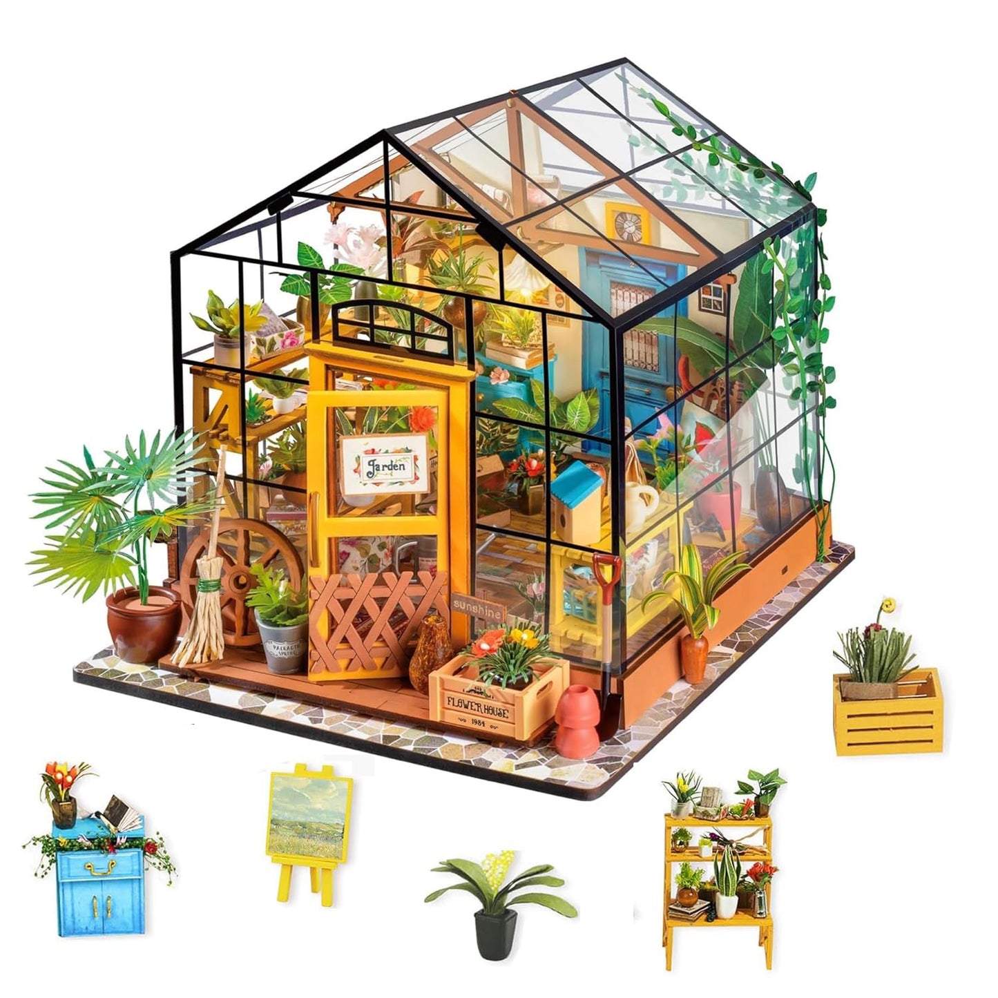 ROBOTIME DIY Dollhouse Wooden Miniature Furniture Kit Mini Green House with LED Best Birthday Gifts for Boys & Girls