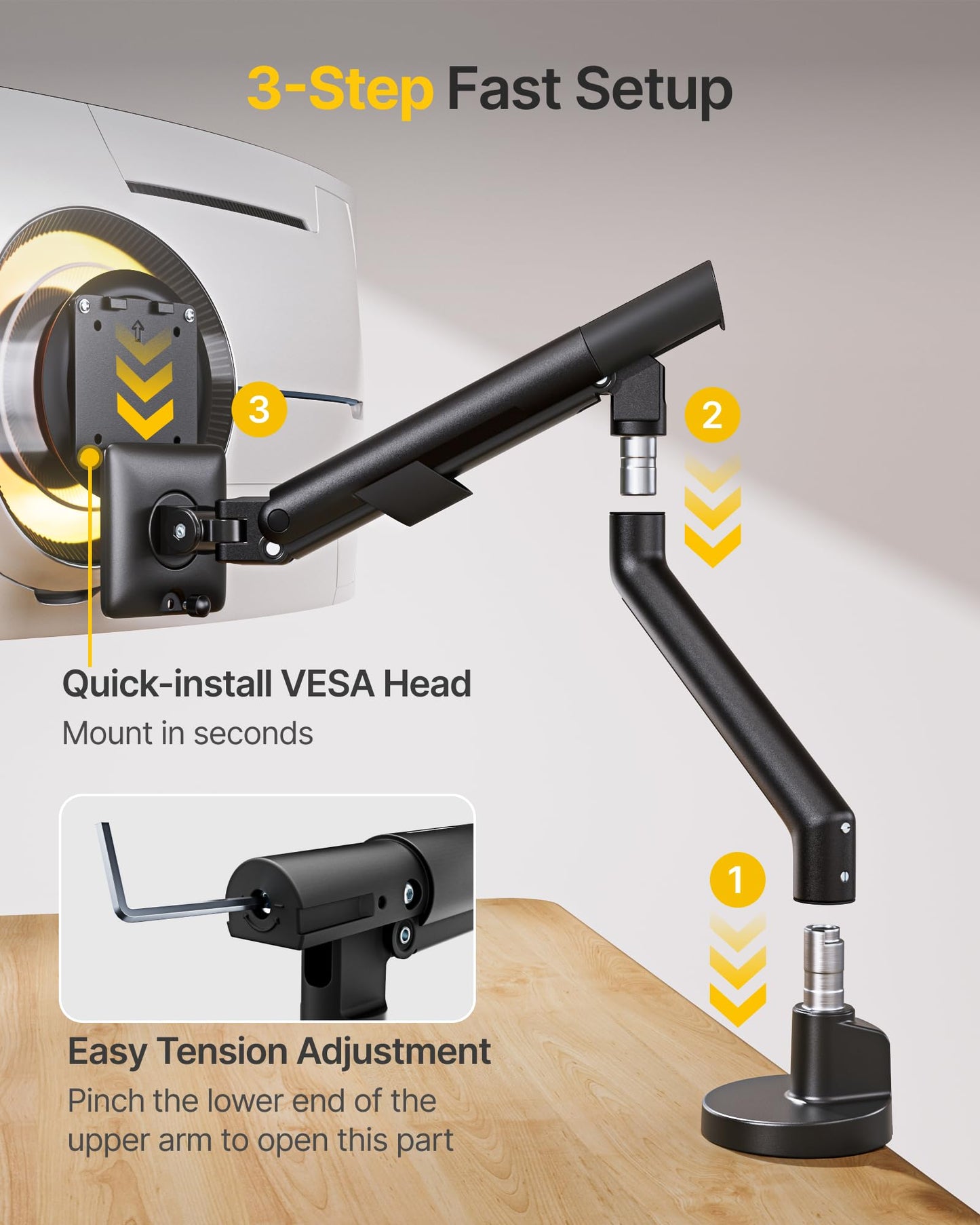 monTEK Single Monitor Arm for 17-40 Inch Screens, Heavy Duty Full Motion Monitor Mount Up to 26.4bs, Aluminum Monitor Stand with VESA 75/100mm, C-Clamp/Grommet Base for Curved Screens, MA1010BK