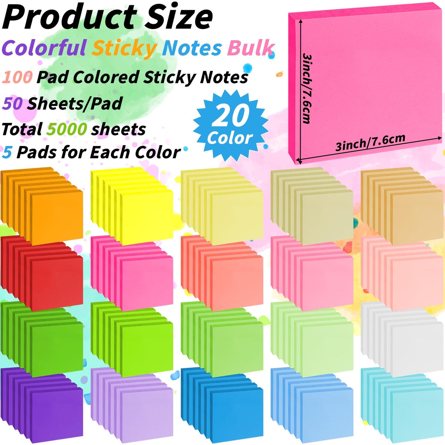 100 Pack Sticky Notes Bulk 3 x 3 in Self-Stick Note Pads Colorful Posted Note in 20 Colors Adhesive Paper Memo 50 Sheets/Pad Easy to Post for Office Home School Meetings Notebook Wall Door Window