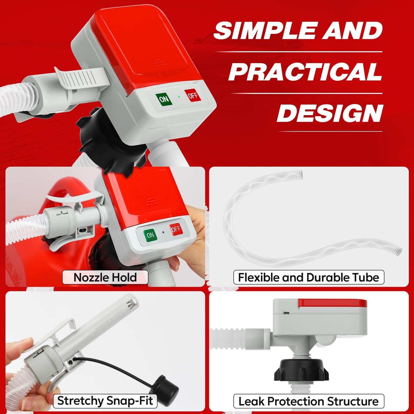 KEIMI Portable Fuel Transfer Pump with Auto-Stop, 3.2 Gallon per Min, 51" Extra Long Hose, Battery & USB Powered, 4 Can Adapters, Leak-proof Gas Pump for Oil, Diesel and Gasoline