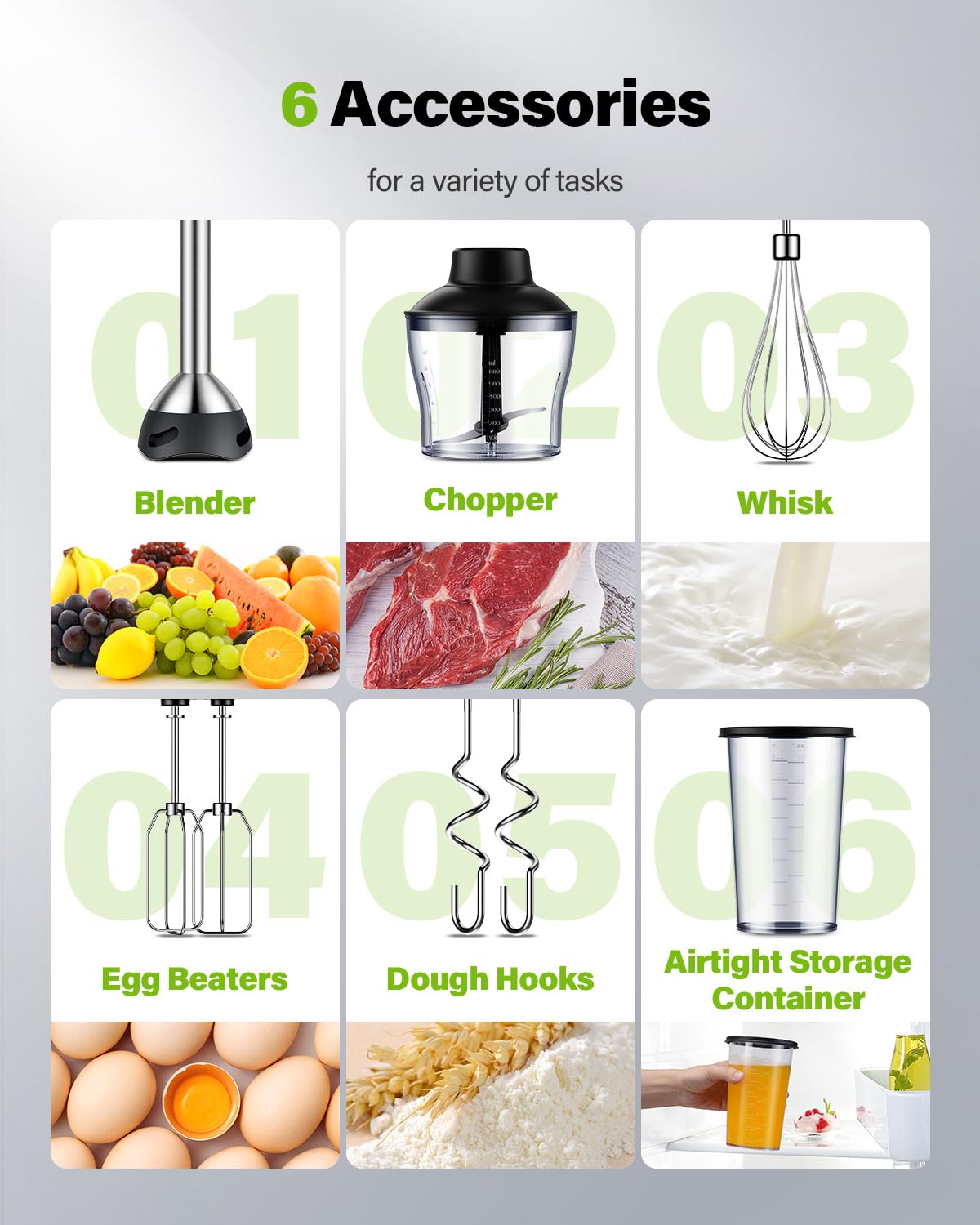 GDOR Hand Blender 1000W, 6-in-1 Immersion Blender Handheld with 20 Speed and Turbo Mode, With Dough Hooks, Egg Beaters, Whisk, 800ml Beaker, 600ml Chopper, BPA Free