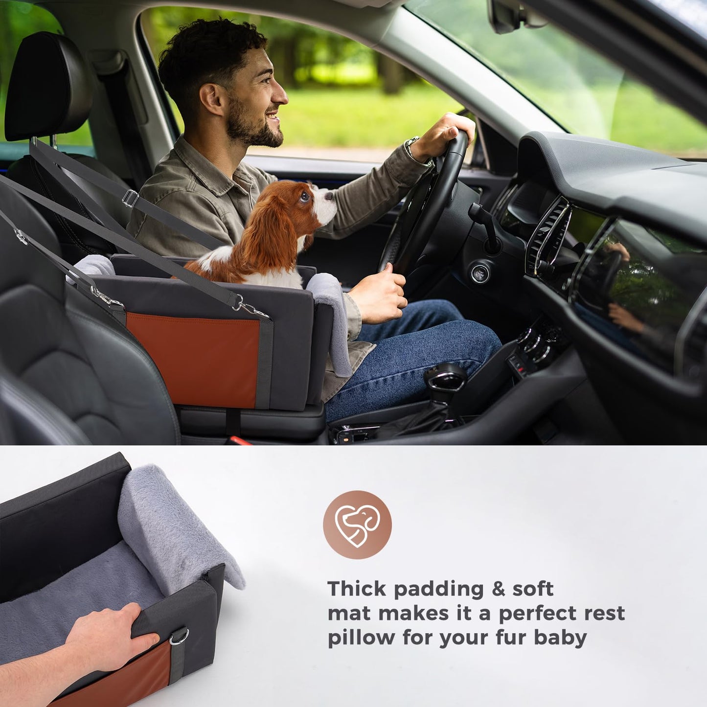 Avont Center Console Dog Car Seat, Armrest Middle Console Booster Travel Carrier for Small Dogs Cats, Well-Cushioned, Anti-Anxiety -Dark Grey