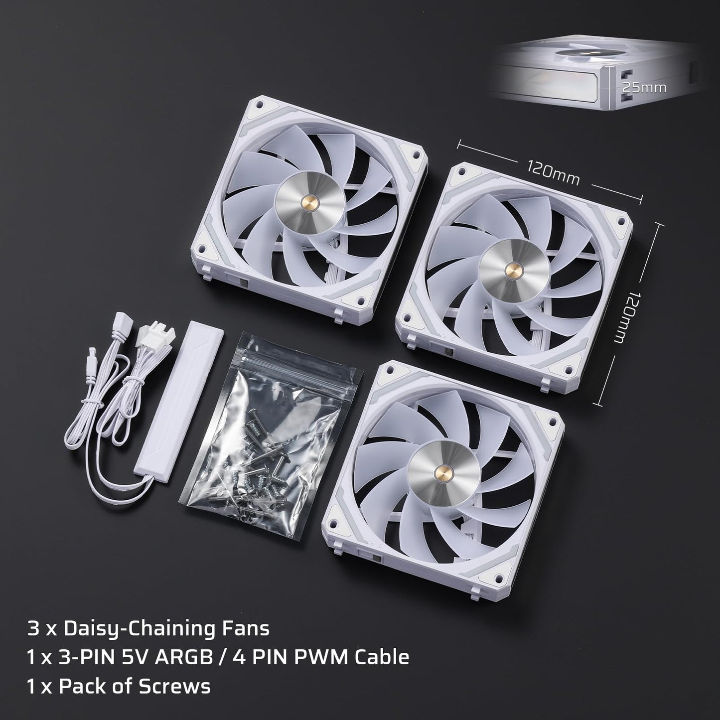 LTC CF-121D 120mm PC Case Fan, Daisy-Chain Connection, 5V 3Pin ARGB Lighting, 4 Pin PWM Case Fan, for Radiator/Computer Case Cooling, 120x120x25mm, 3 Pack, White