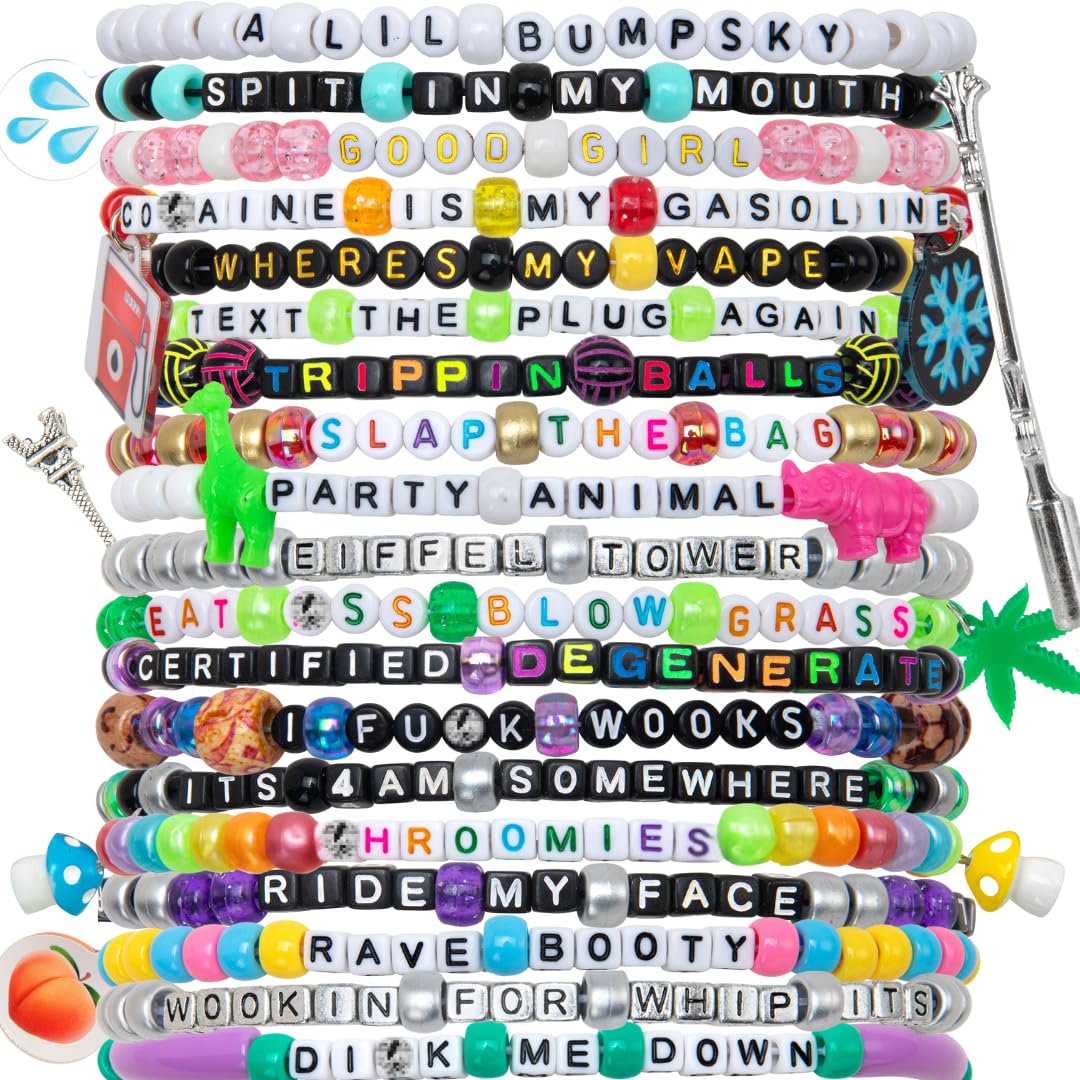 kandi bar Party Hard Rave Bracelets (13-Pack) | EXPLICIT 18+| 2024 Edition | Wear and Trade Handmade PLUR Music Festival Accessories | Different Phrases Every Time