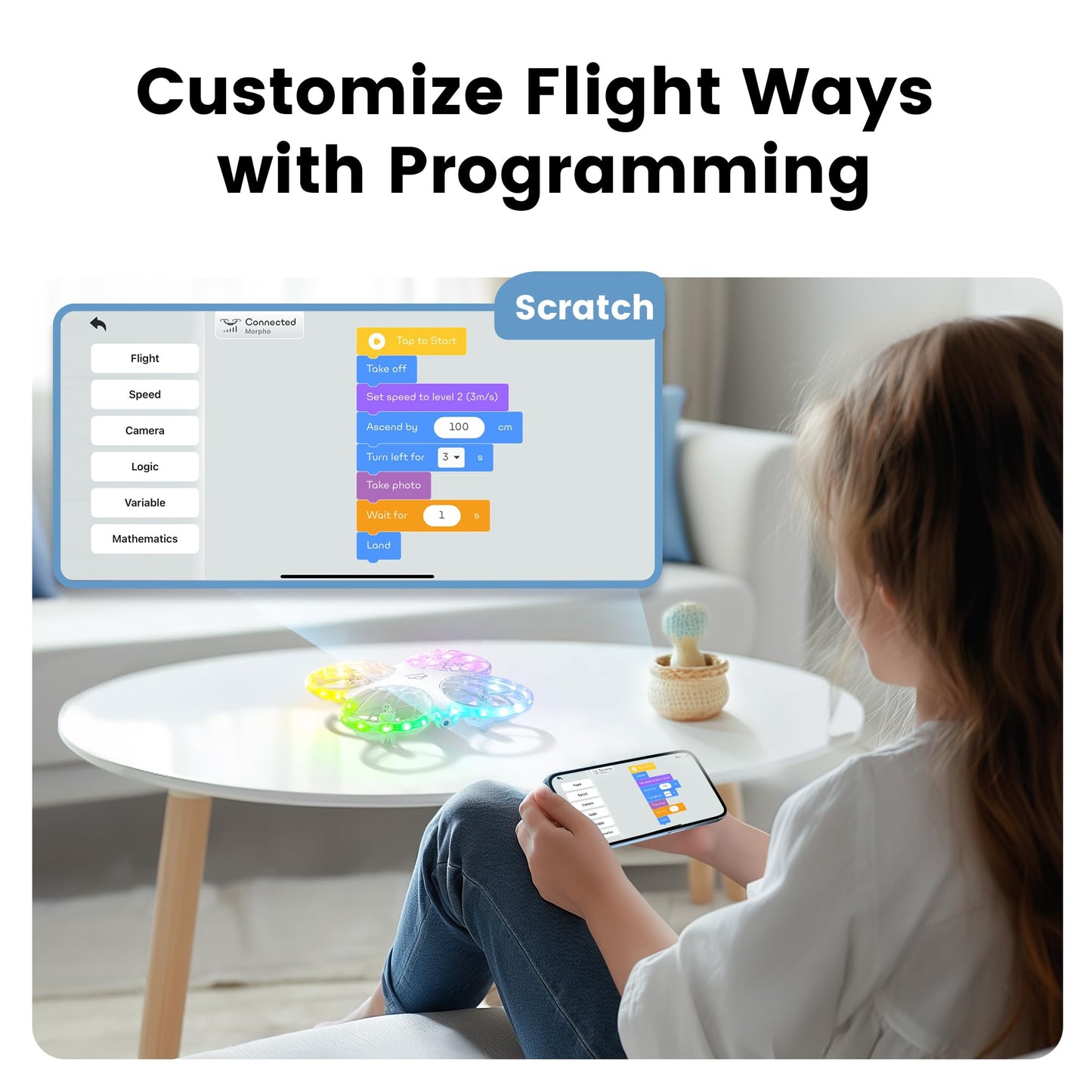 Ameta Morpho Drone for Kids with Camera 1080P HD, FPV RC Quadcopter for Beginners with 32 RGB Light/ 2 Batteries, Cool Toys Gifts for Boys Girls, Prevent Loss Buzzer, 18 min Flight Time