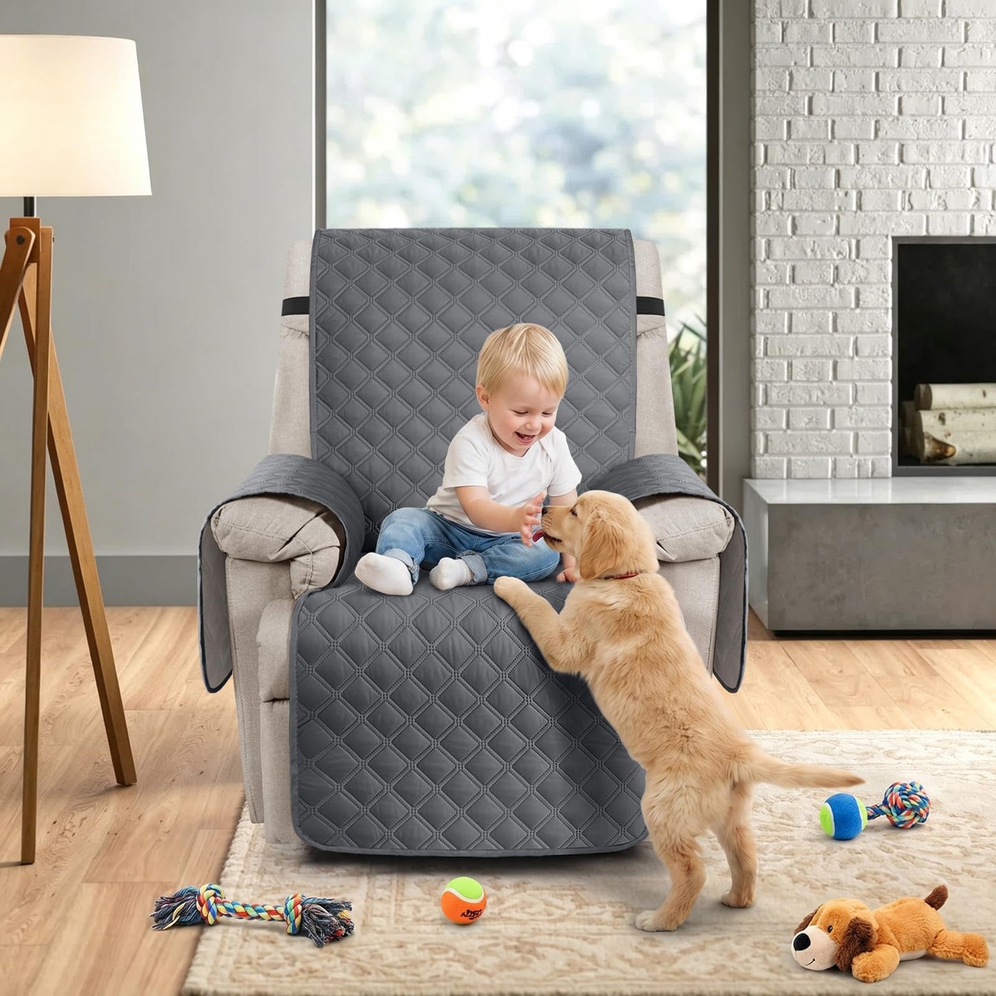 Ruaozz 100% Waterproof Recliner Chair Cover Non-Slip Reclining Cover for Recliner Chair Washable Chair Seat Cover with Elastic Straps for Kids, Dogs, Pets (Dark Grey, 1 Seater 23'')