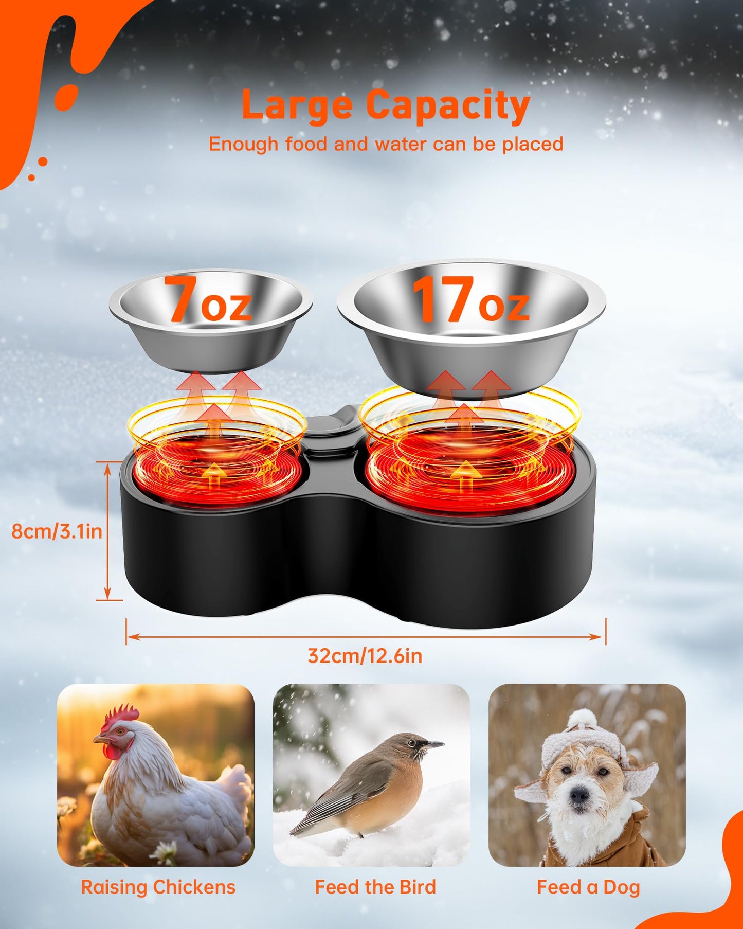 SwSun Heated Cat Bowl for Food & Water, Double Heating Cat Bowls Outdoor Heated Pet Bowl with 2 Stainless Steel Cat Bowls Heated Water Bowl for Feral Cat Feeding Station in Winter