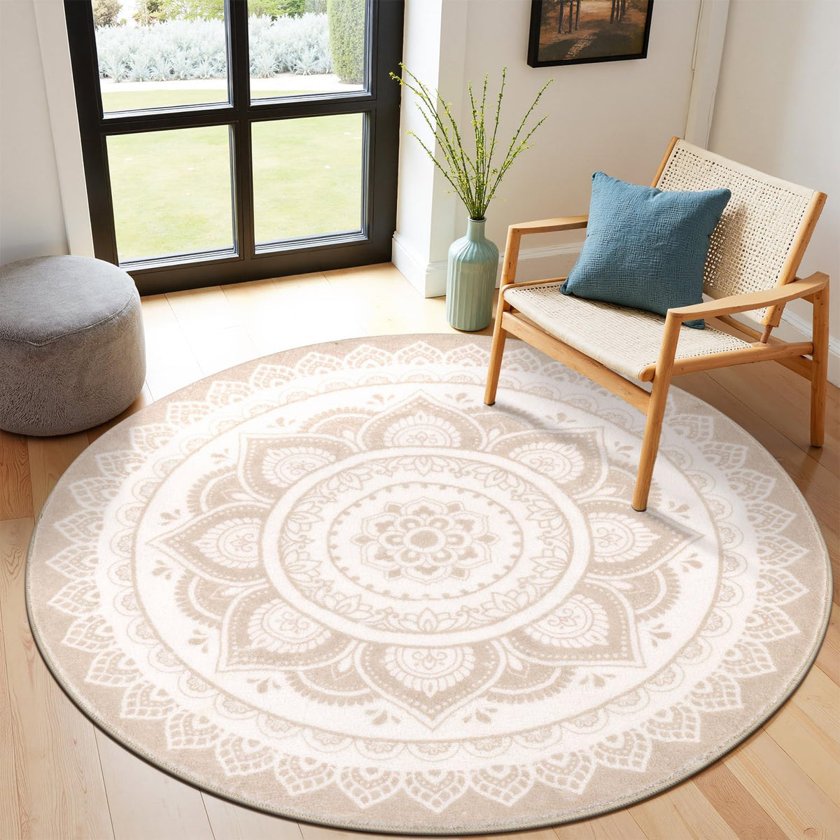 HEBE 5.25 Ft Large Round Area Rug Soft Chic Bohemian Mandala Rugs Machine Washable Non Slip Indoor Sofa Floor Area Mat Carpet for Living Room Sofa Bedroom Nursery Decor