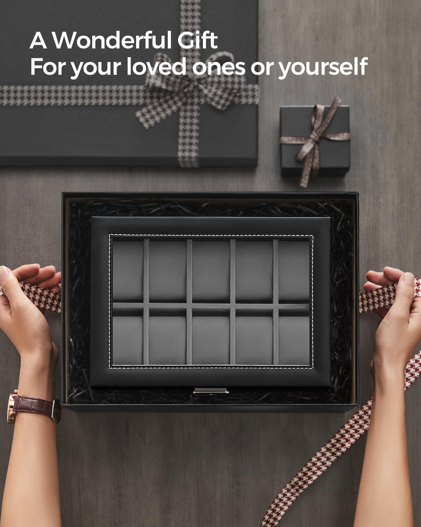 SONGMICS Watch Box, 20-Slot Watch Case Organizer with Large Glass Lid, Black Synthetic Leather, Gray Lining UJWB006V1