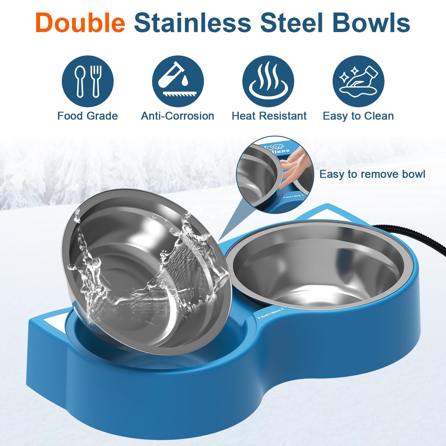 Heated Cat Bowl for Outdoor Cats in Winter, Heated Water Food Bowl with 2 Stainless Steel Bowls 23 OZ Each, Waterproof Heated Pet Bowl for Outside Cat Dog Bird, No More Frozen Food or Water.