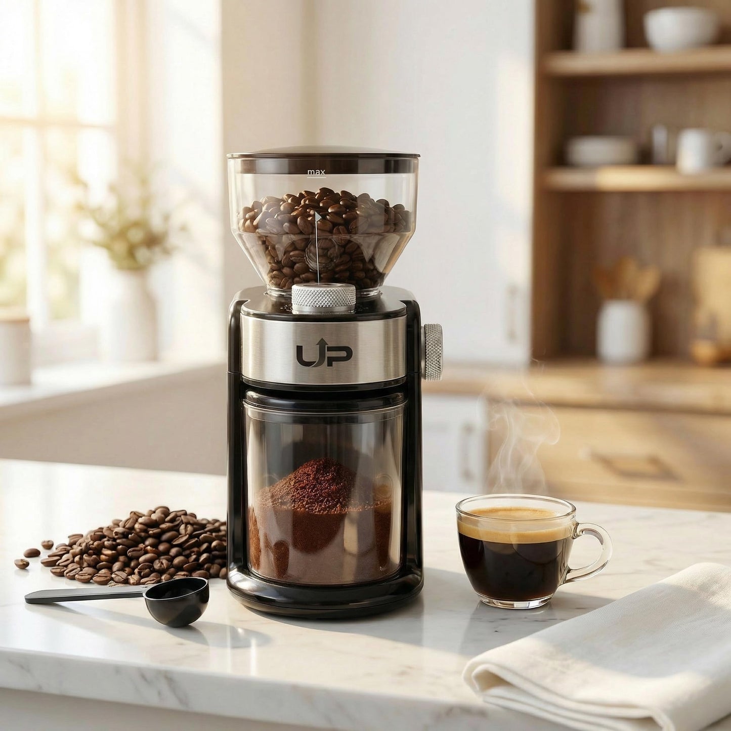Electric Burr Coffee Grinder, Flat Burr & 16 Precise Grind Settings, Stainless Steel Bean Grinder for Espresso, French Press & Drip, Portion Control, Easy Clean, 2-14 Cup