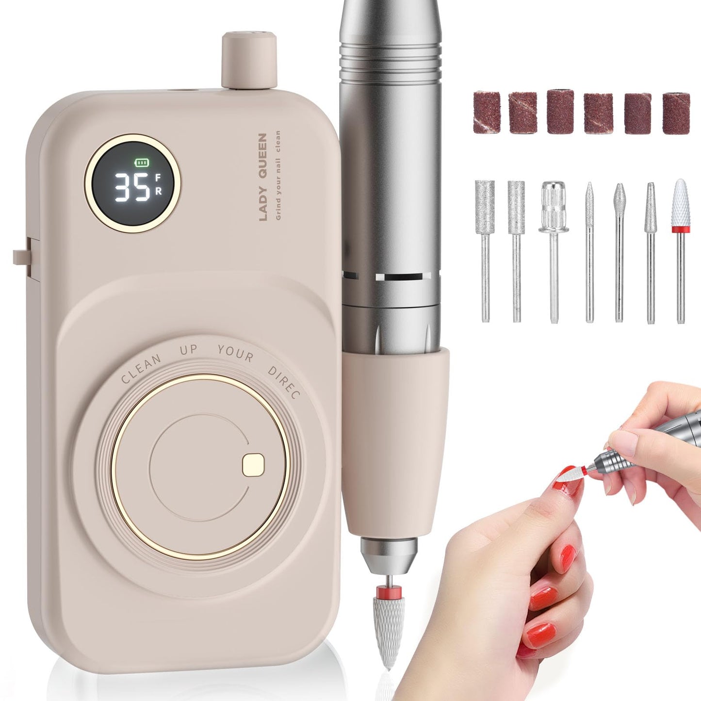 mUGLE Portable Nail Drill Electric File: 35000RPM Professional Rechargeable Nail E File Machine, for Acrylic Nails Gel Polishing Removing, Cordless Efile with Bits Kit for Manicure Salon Home (Pink)