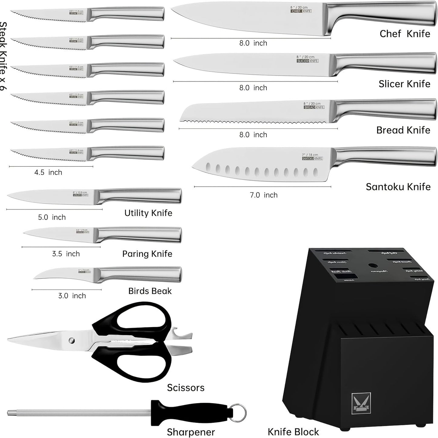 Knife Set, 16 Pieces Kitchen Knife Set with Block, High Carbon German Stainless Steel Knife Block Set with One Piece Design Hollow Handle for Chopping, Slicing, Dicing & Cutting