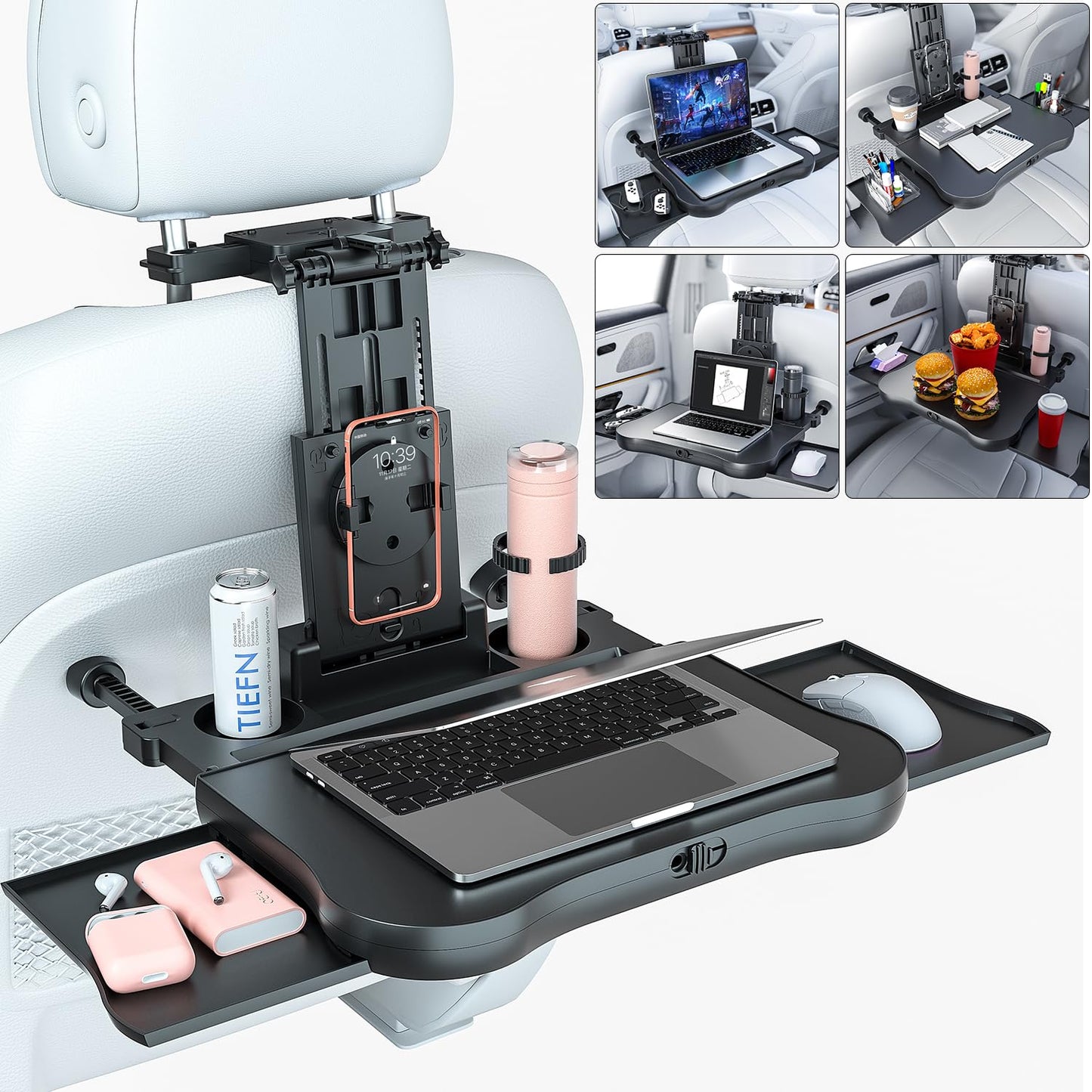 Car Back Seat Tray Table, Auto Stable Foldable Backseat Food Trays Desk for Rear Passenger Road Trip Eating Work, Multifunctional Adjustable Travel Tray with Phone Drink Holder for Laptop iPad