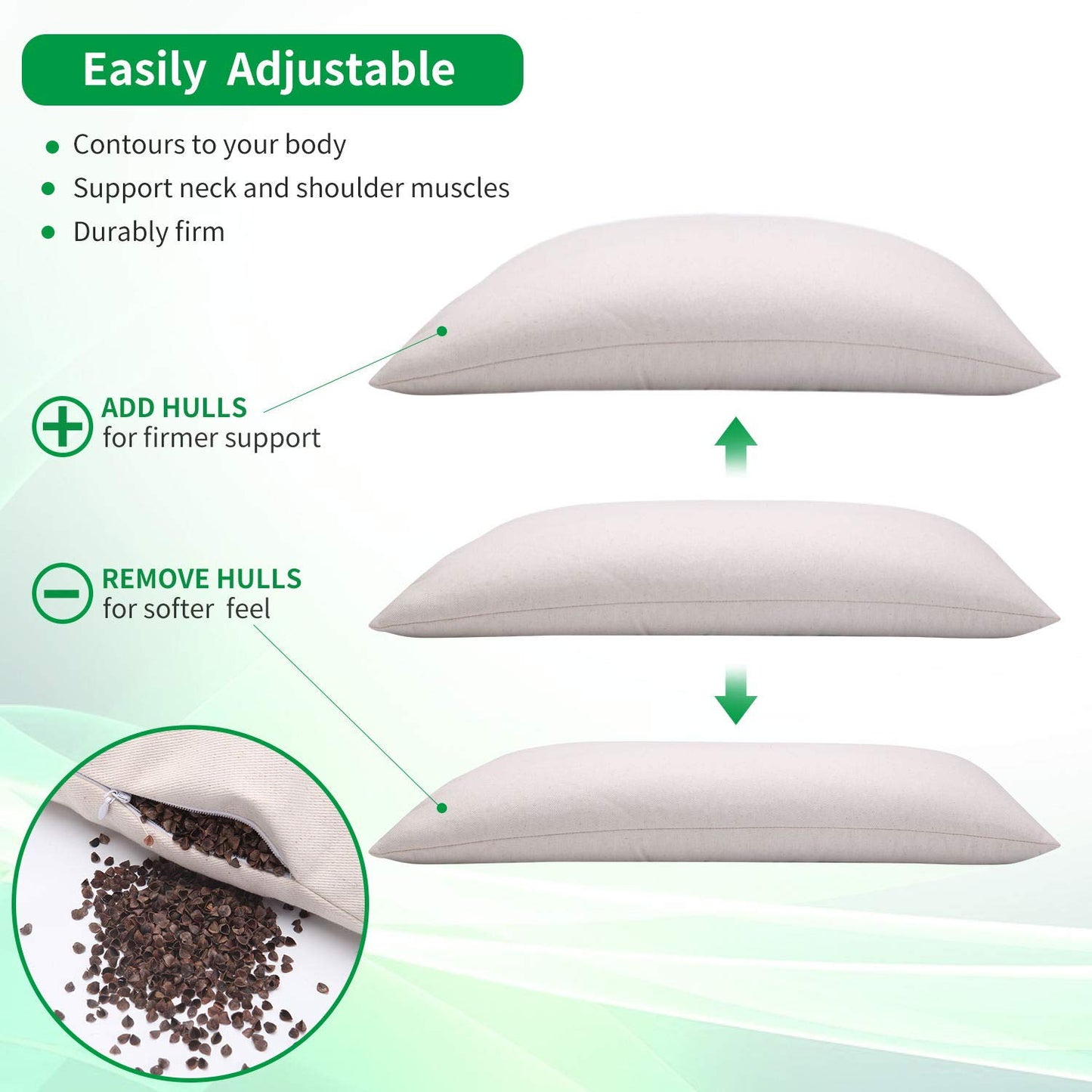 Organic Buckwheat Pillow for Sleeping, 100% Natural Premium buckwheat Hulls, Organic Cotton Cover with for Cool Sleep, Neck Support for Back and Side Sleepers, Buckwheat Pillow Refill - Large/Small (Big Size (26" x 20"))