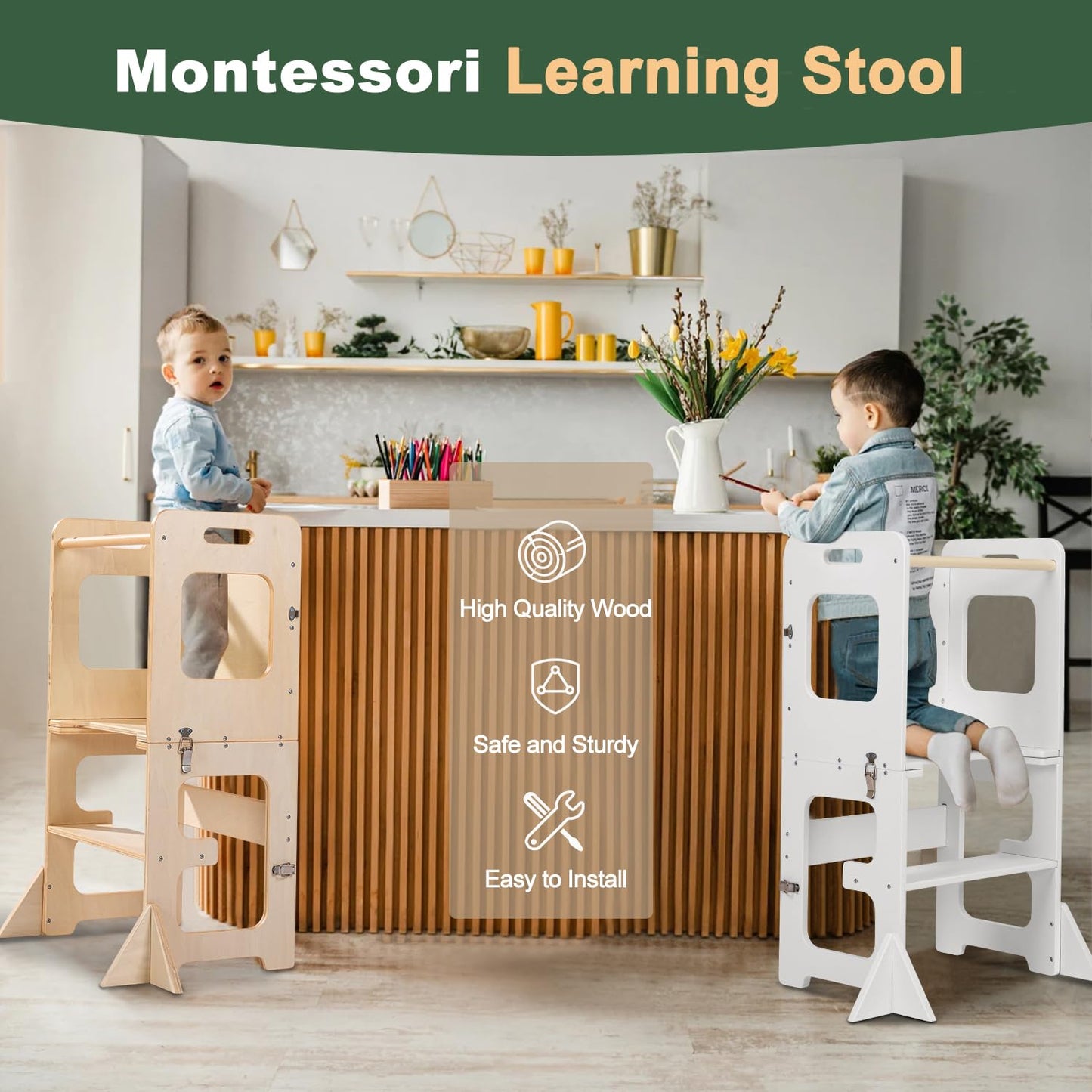 Toddler Standing Tower, Wooden Step Stool for Kids Learning Standing Tower 2-in-1 Kitchen Stool Helper with Chalkboard Montessori and Waldorf Helper for Livingroom Playroom (White Style)