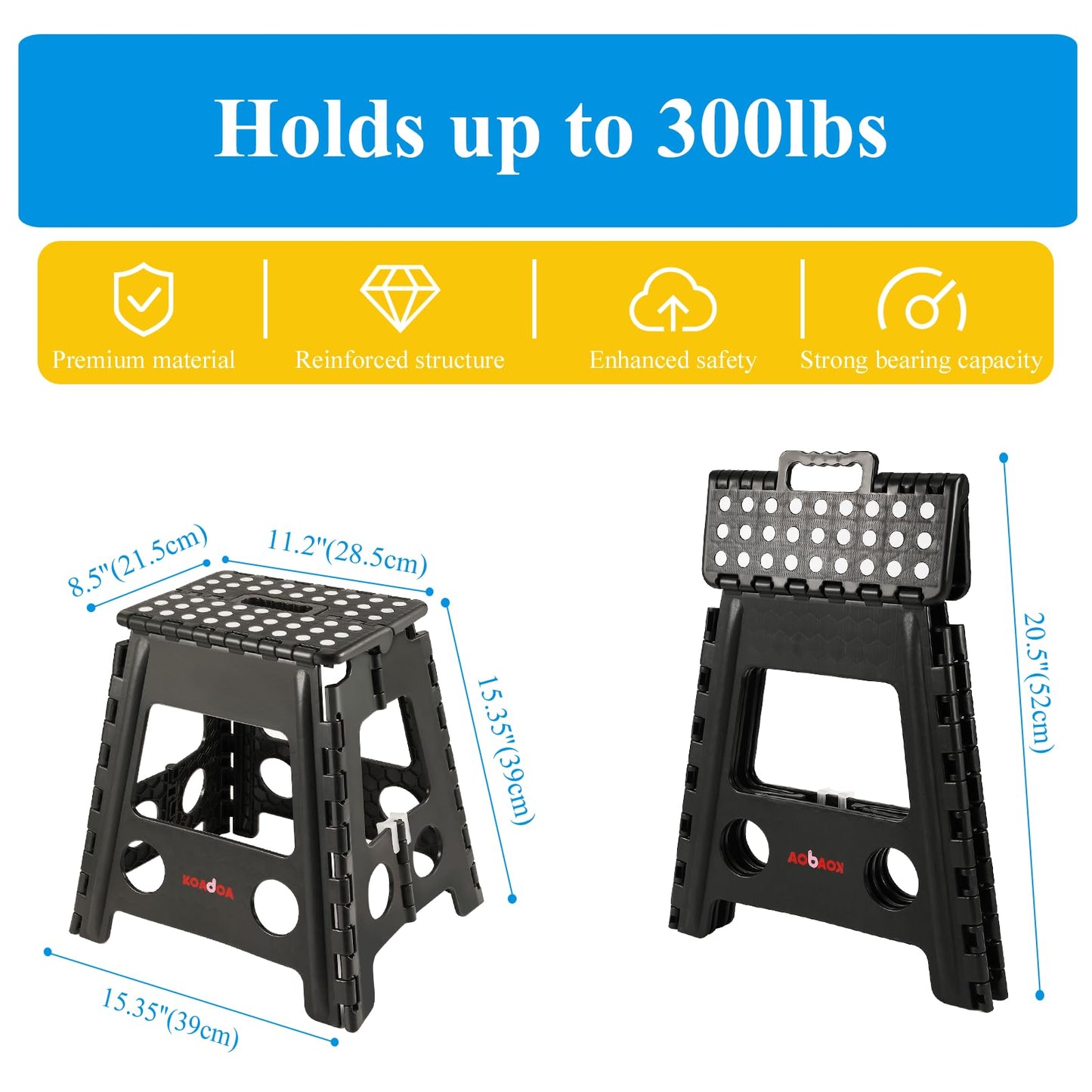 KOADOA Step Stool - Hold Up to 330 lbs, 16 Inch Foldable Foot Stool for Kids Adults, Heavy Duty Plastic Step Stool with Anti-Slip Surface, Carry Handle for Home Indoor Outdoor (Black)