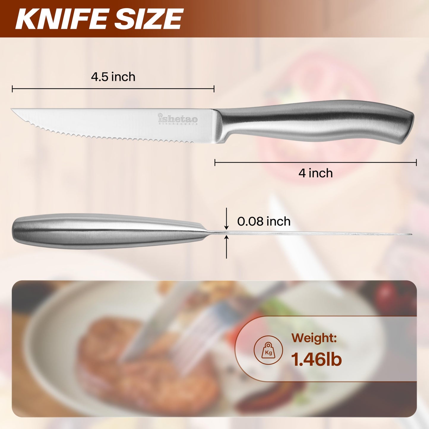 isheTao Steak Knives, 4.5 inches Steak Knife Set of 6, Dishwasher Safe High Carbon Stainless Steel Steak Knife, Silver