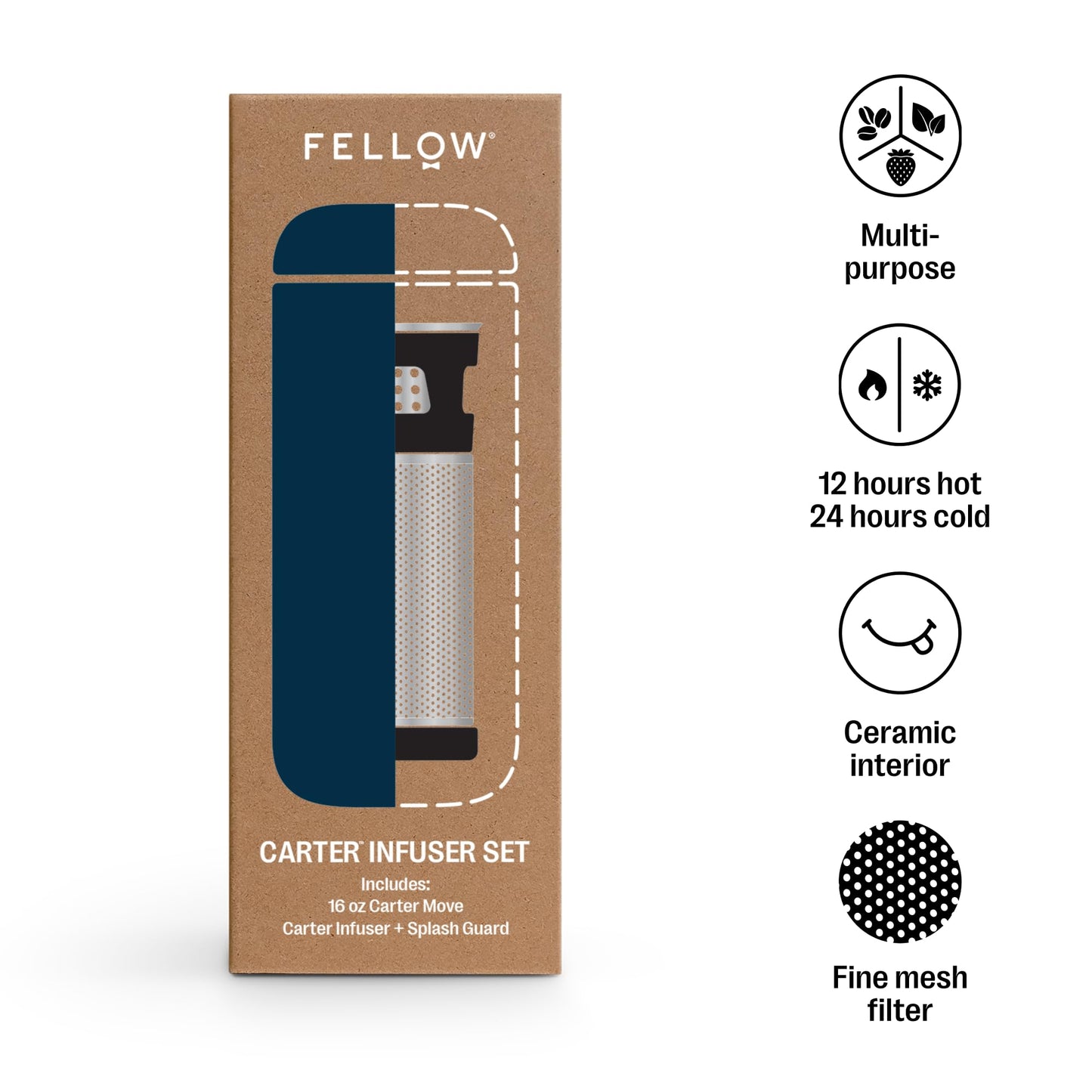 Fellow Carter Tea + Cold Brew Infuser & Carter Move 16 oz Tumbler Set - Steep Tea On-The-Go - Vacuum-Insulated Stainless Steel Travel Mug Snap-in Infuser for Steeping, Cold Brew, Stone Blue