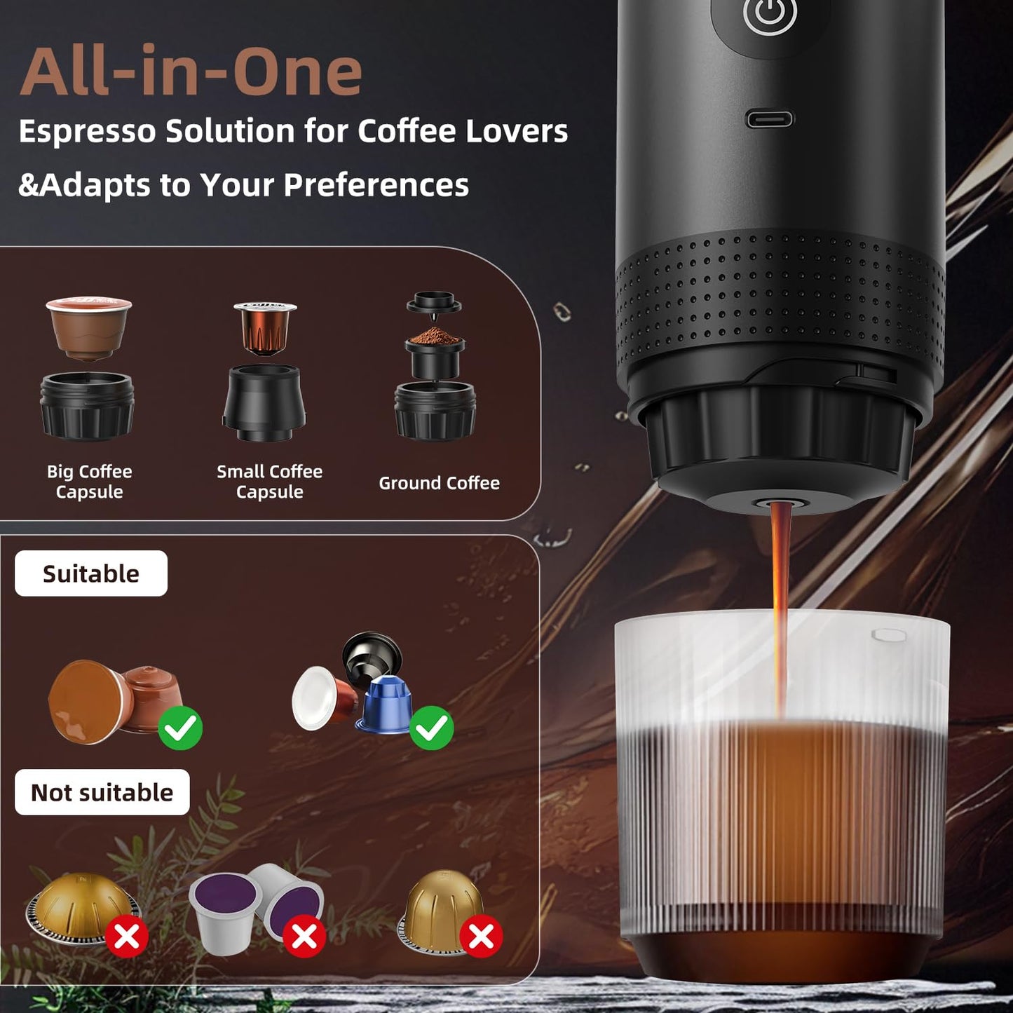 Swiitaey Portable Coffee Maker for Travel & Camping, Portable Espresso Maker with Bag, Rechargeable Cordless Battery Operated Coffee Makers for Ground Coffee, NS Capsule RV, Hiking, Office(Black)