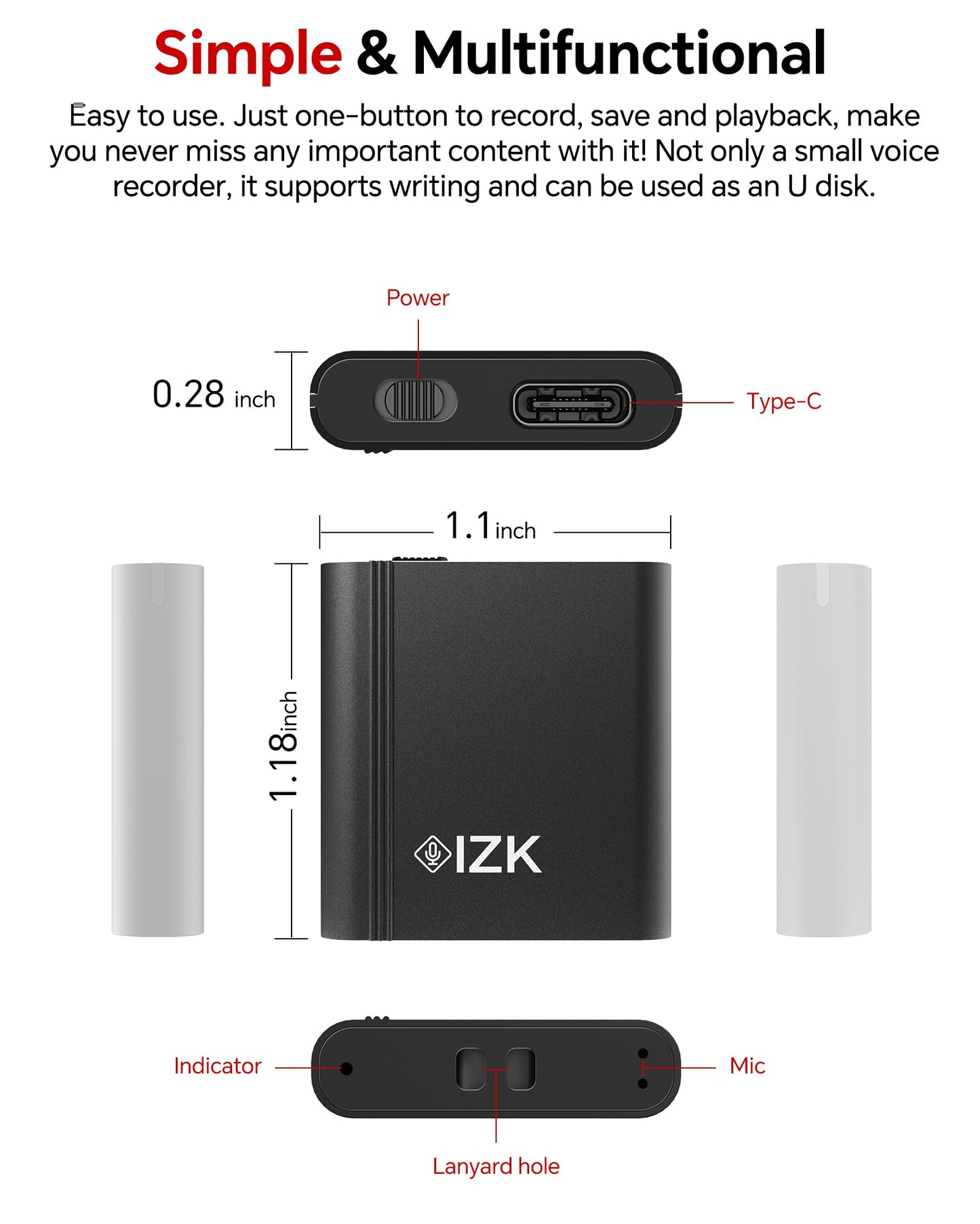 128GB Digital Voice Recorder, Rechargeable Audio Voice Activated Recorder – Perfect for Recording Lectures, Meetings, Conversation and Interviews，MicroSD Card (Black)