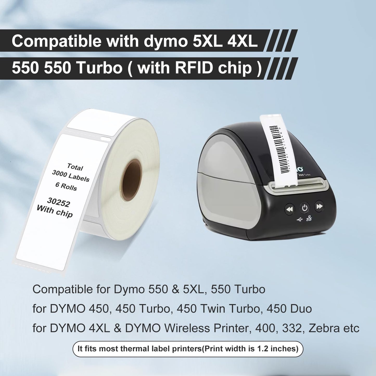 6 Rolls Address & Barcode Label with RFID Chip, Compatible for DYMO 30252 Labels(1-1/8" x 3-1/2"), Black Print, White Label, Compatible with DYMO Labelwriter 450, 4XL, 550, 5XL (350 Labels/Roll)