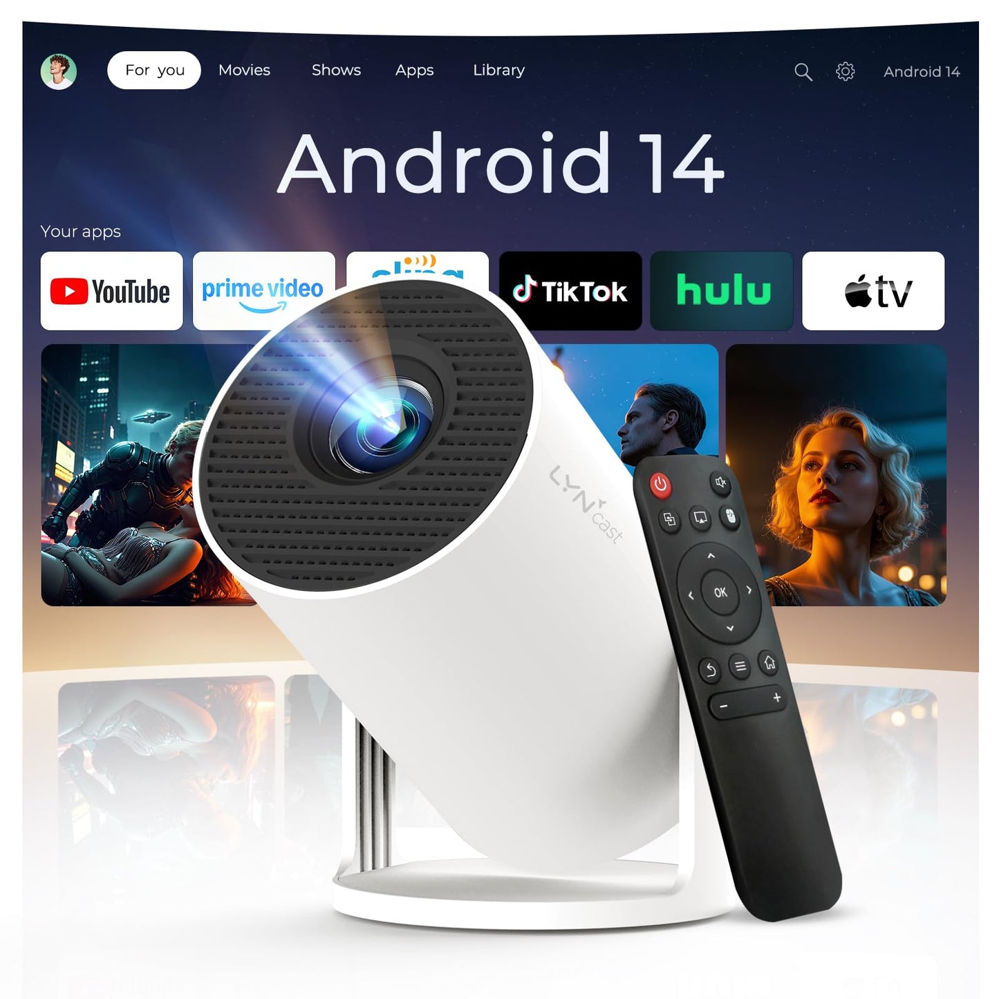 LYNCAST Mini Projector with WiFi 6 and Bluetooth 5.4, Built-in Android 14, Auto Keystone, Portable Smart Projecteur [2026 Upgrade HY300pro+] Small Movie Projector OptiBarrel 500, White
