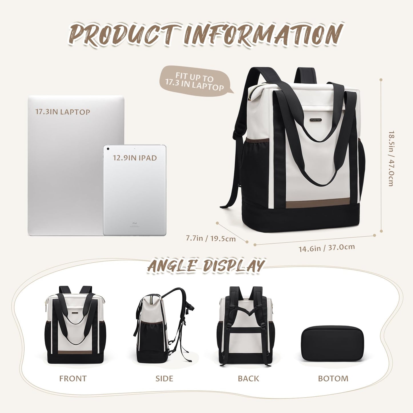 GOLF QUALITY Laptop Backpack for Women,Adjustable Tote Work Business Backpack,TravelPersonal Carry On Bag,17.3Inch,WBlack