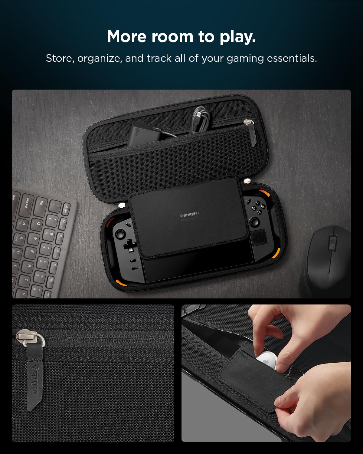 Spigen Rugged Armor Pro Designed for Lenovo Legion Go, MSI Claw 7 AI+ 8 AI+ & A8 Hard Shell Travel Carrying Case with Pockets for Accessories and Original Charger Storage Bag Case - Black